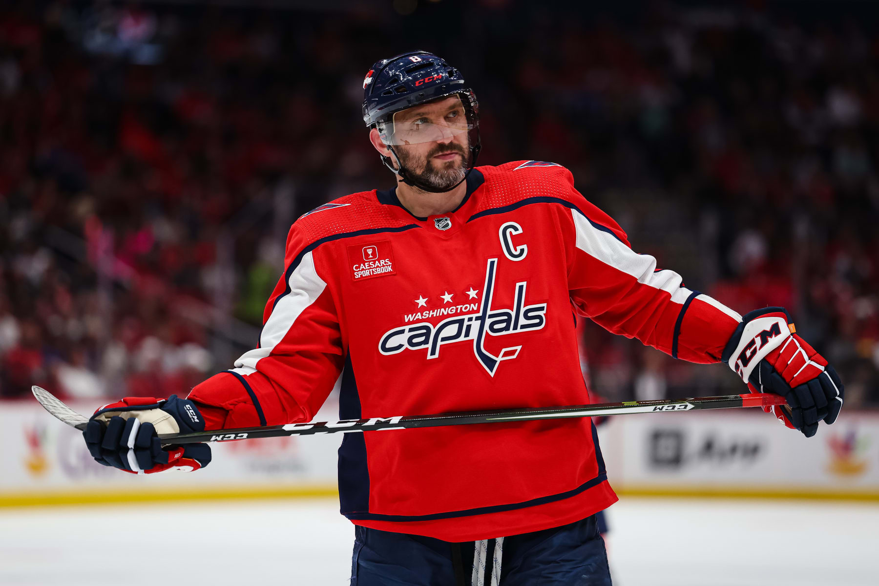 WASHINGTON, DC - APRIL 13: Alex Ovechkin #8 of the Washington Capitals looks on against the New Jersey Devils during the second period of the game at Capital One Arena on April 13, 2023 in Washington, DC. (Photo by Scott Taetsch/Getty Images)