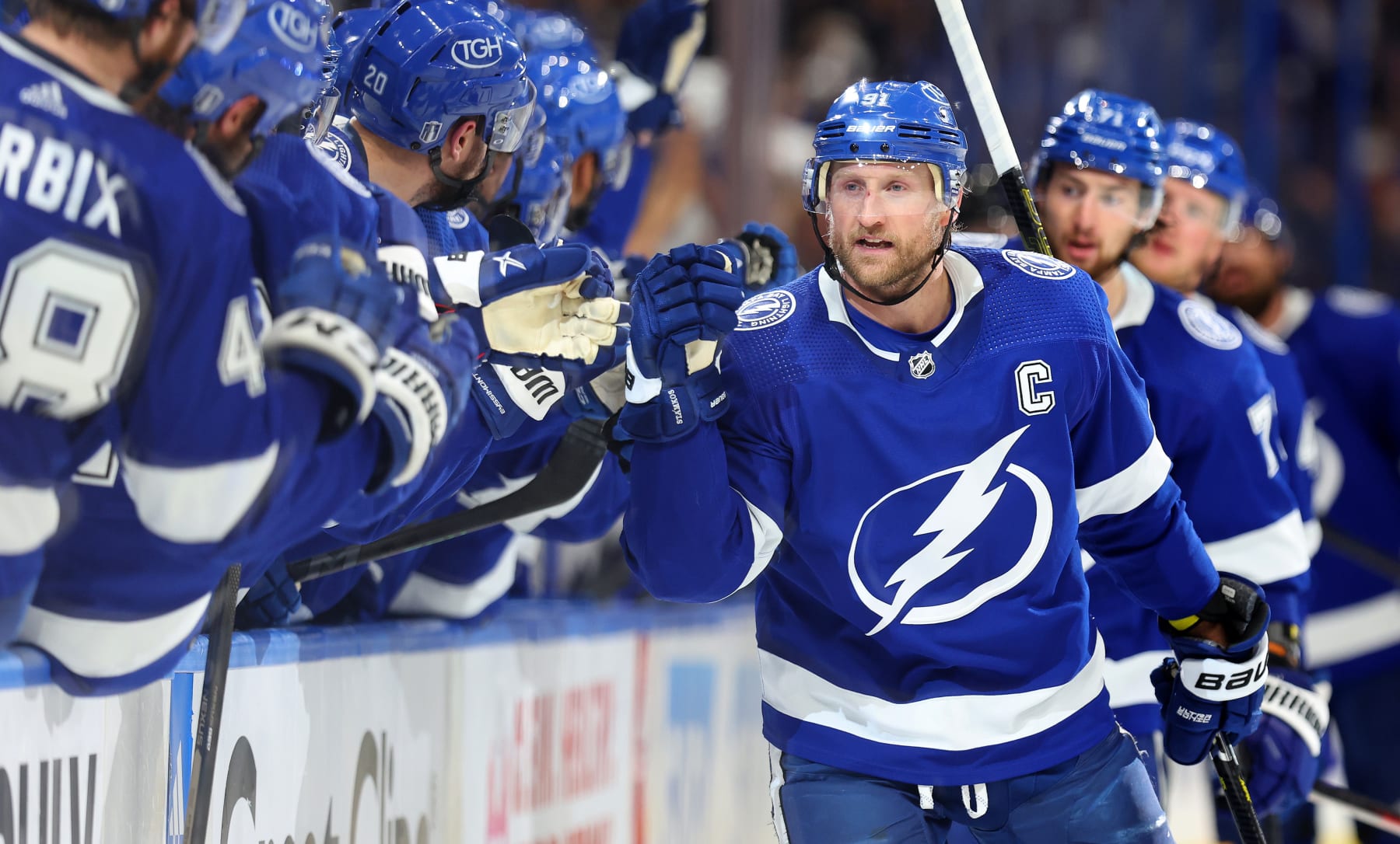 TAMPA, FLORIDA - APRIL 29: Steven Stamkos #91 of the Tampa Bay Lightning celebrates a goal in the third period during  Game Six of the First Round of the 2023 Stanley Cup Playoffs against the Toronto Maple Leafs at Amalie Arena on April 29, 2023 in Tampa, Florida. (Photo by Mike Ehrmann/Getty Images)