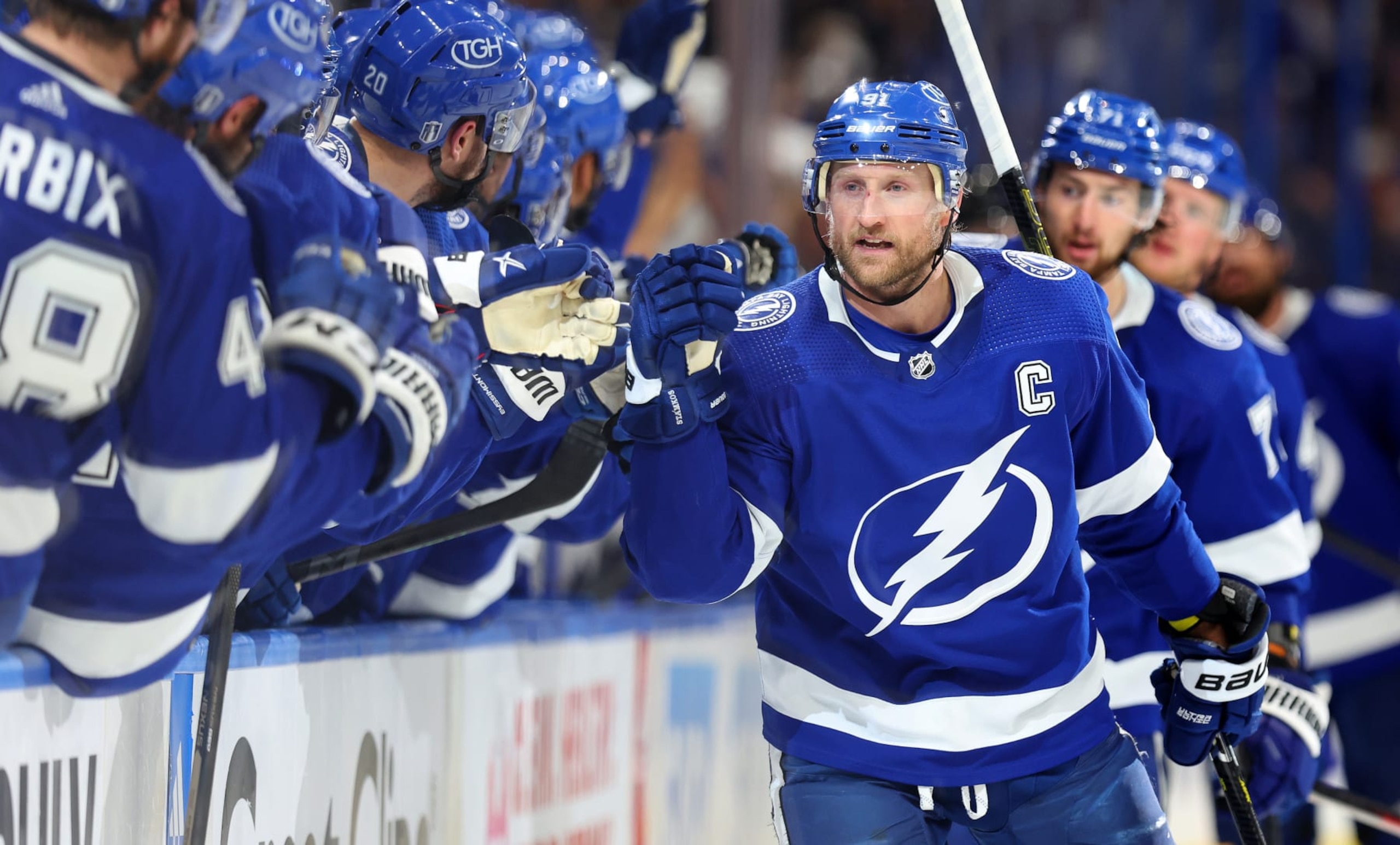 TAMPA, FLORIDA - APRIL 29: Steven Stamkos #91 of the Tampa Bay Lightning celebrates a goal in the third period during  Game Six of the First Round of the 2023 Stanley Cup Playoffs against the Toronto Maple Leafs at Amalie Arena on April 29, 2023 in Tampa, Florida. (Photo by Mike Ehrmann/Getty Images)
