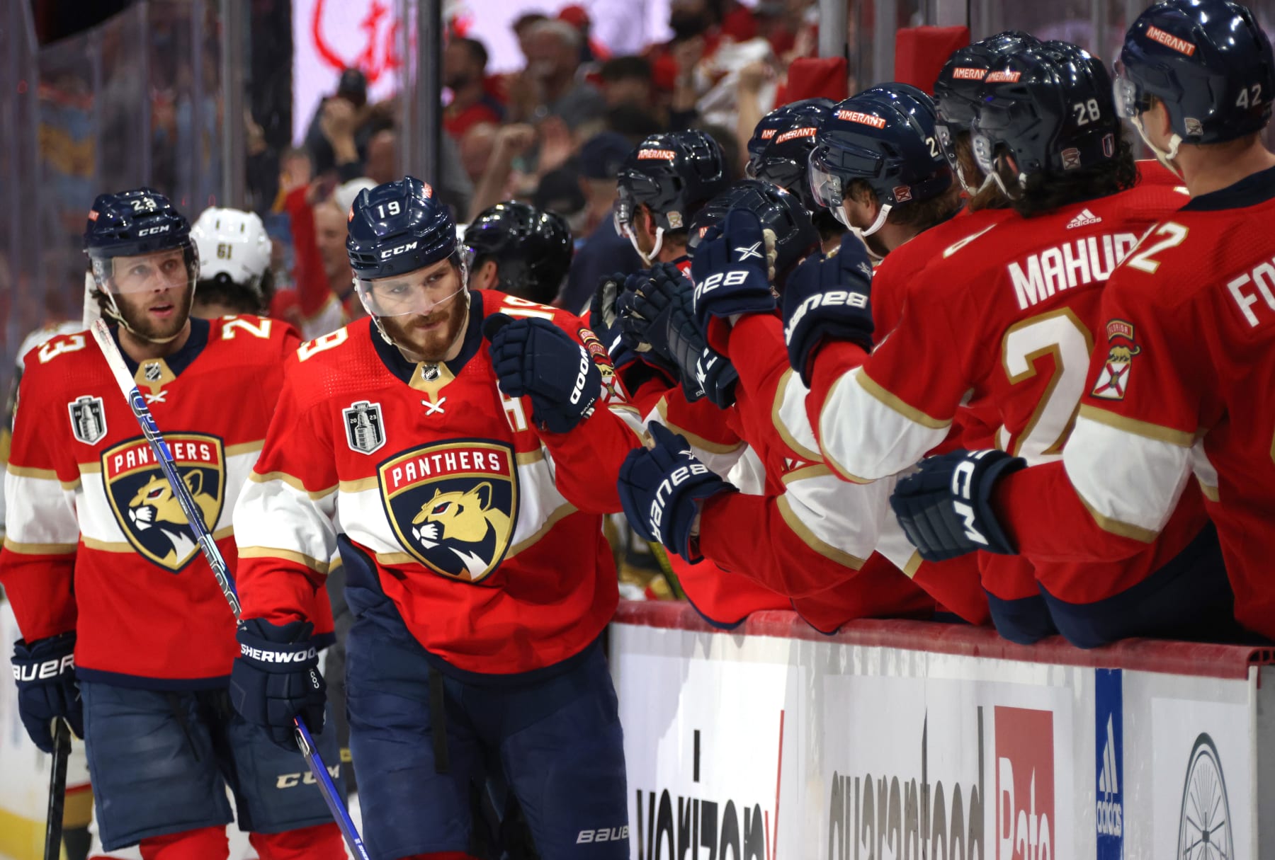SUNRISE, FLORIDA - JUNE 08: Matthew Tkachuk #19 of the Florida Panthers celebrates with teammates after his late third period goal to tie the game in Game Three of the 2023 NHL Stanley Cup Final against the Vegas Golden Knights at FLA Live Arena on June 08, 2023 in Sunrise, Florida. (Photo by Dave Sandford/NHLI via Getty Images)