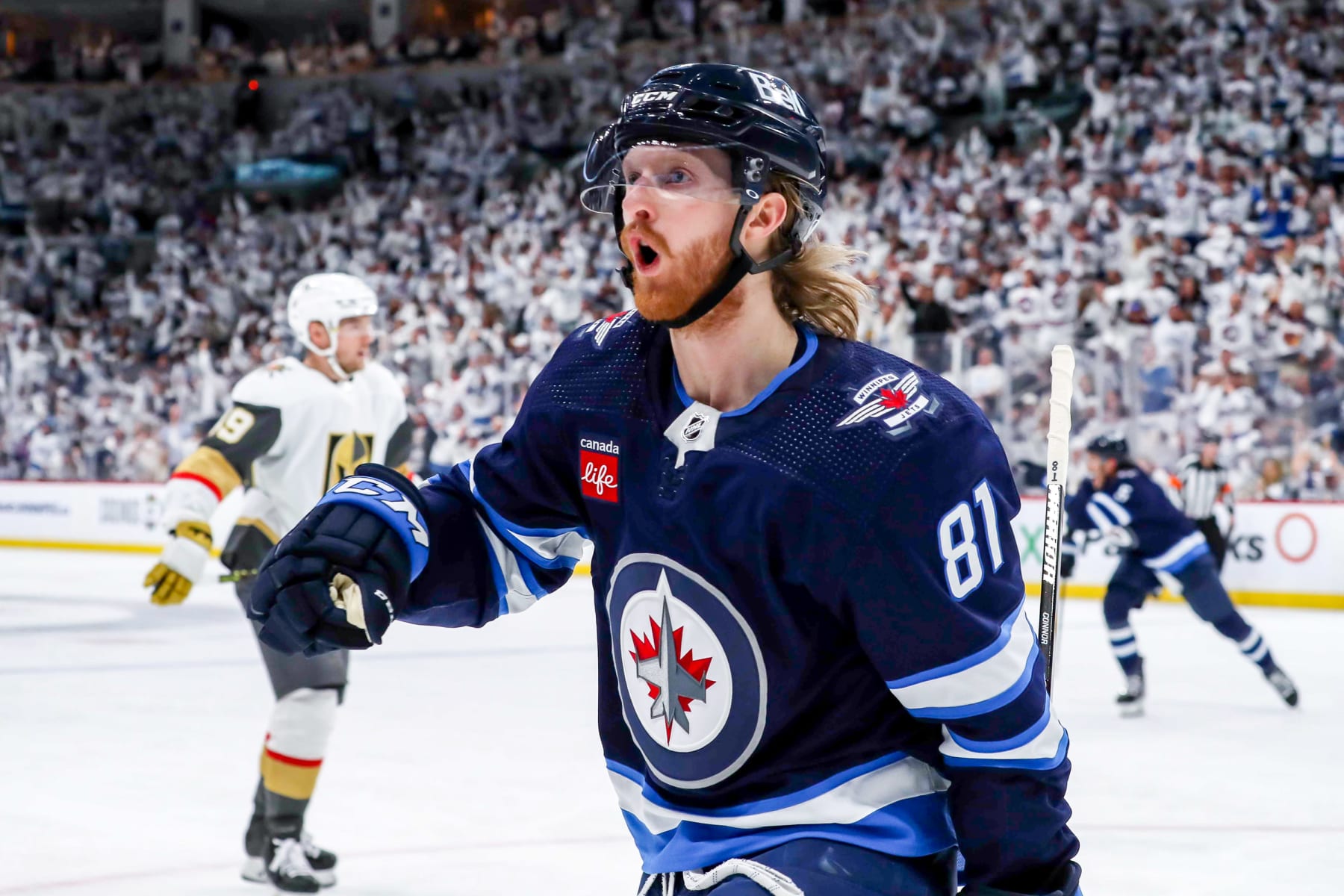 WINNIPEG, CANADA - APRIL 22: Kyle Connor #81 of the Winnipeg Jets celebrates after scoring a first period goal against the Vegas Golden Knights in Game Three of the First Round of the 2023 Stanley Cup Playoffs at the Canada Life Centre on April 22, 2023 in Winnipeg, Manitoba, Canada. (Photo by Darcy Finley/NHLI via Getty Images)