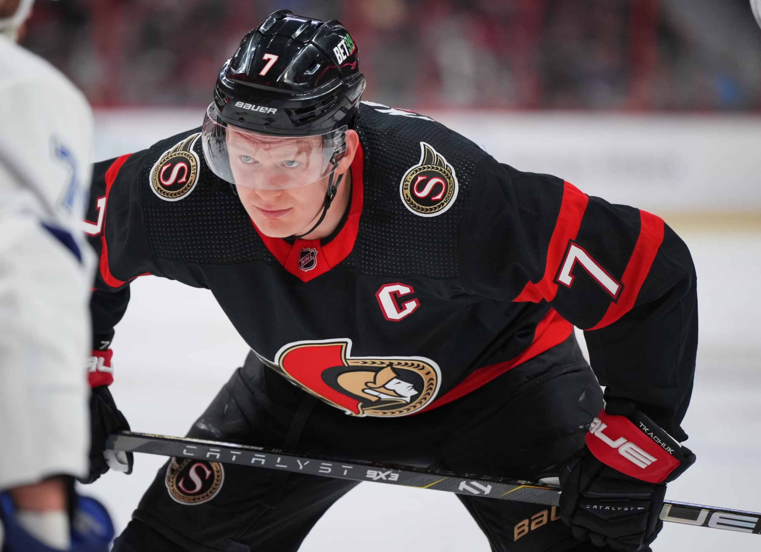 OTTAWA, CANADA - APRIL 8:  Brady Tkachuk #7 of the Ottawa Senators prepares for a face-off against the Tampa Bay Lightning at Canadian Tire Centre on April 8, 2023 in Ottawa, Ontario, Canada.  (Photo by André Ringuette/NHLI via Getty Images)