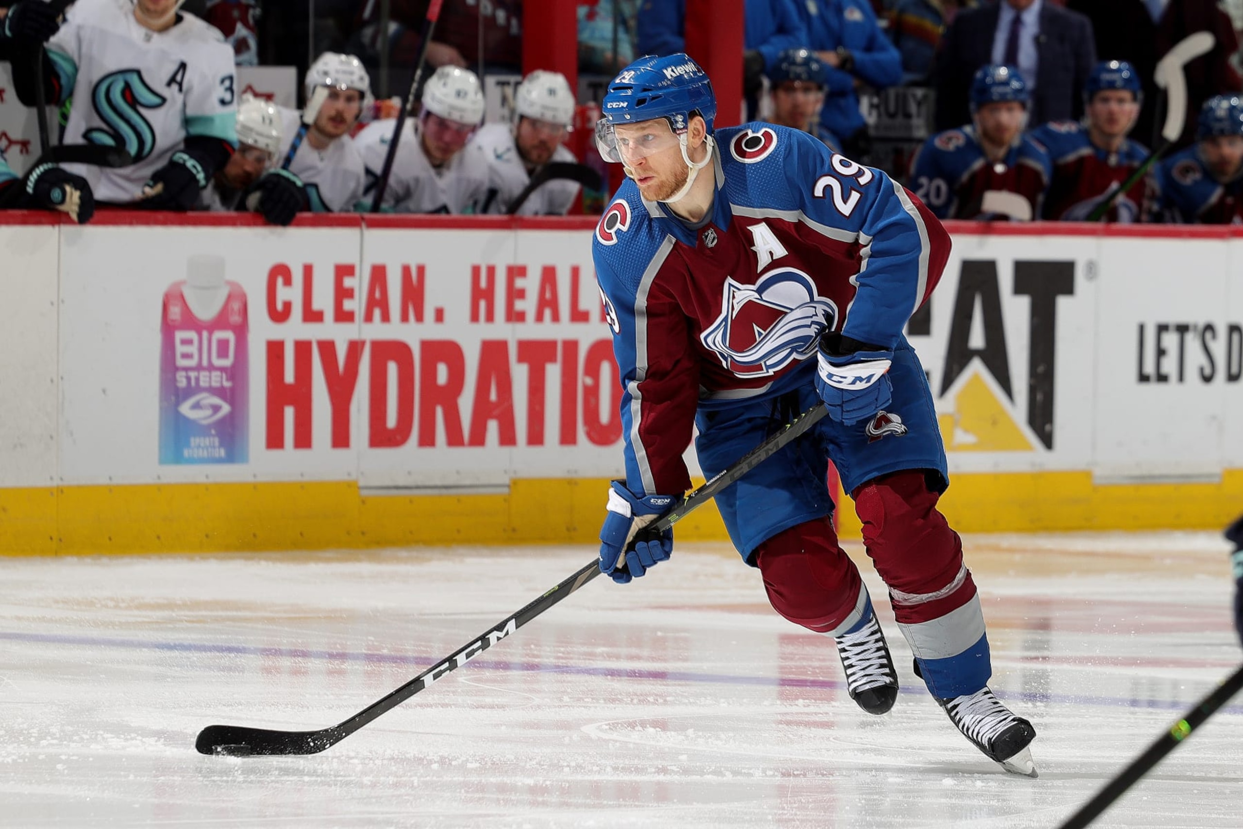DENVER, COLORADO - APRIL 26: Nathan MacKinnon #29 of the Colorado Avalanche skates against the Seattle Kraken in Game Five of the First Round of the 2023 Stanley Cup Playoffs at Ball Arena on April 26, 2023 in Denver, Colorado. (Photo by Michael Martin/NHLI via Getty Images)