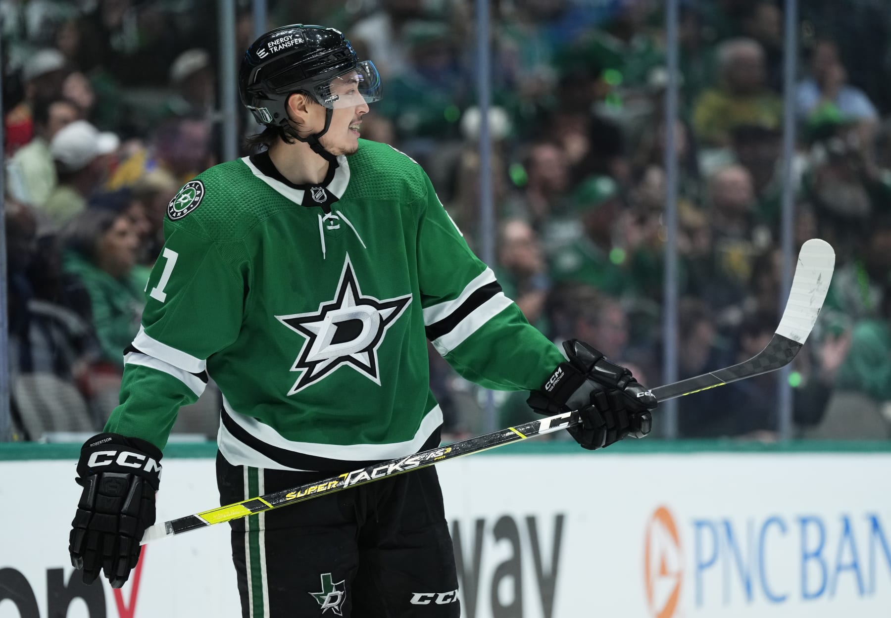 DALLAS, TEXAS - MAY 25: Jason Robertson #21 of the Dallas Stars skates during the second period against the Vegas Golden Knights in Game Four of the Western Conference Final of the 2023 Stanley Cup Playoffs at American Airlines Center on May 25, 2023 in Dallas, Texas. (Photo by Jeff Bottari/NHLI via Getty Images)