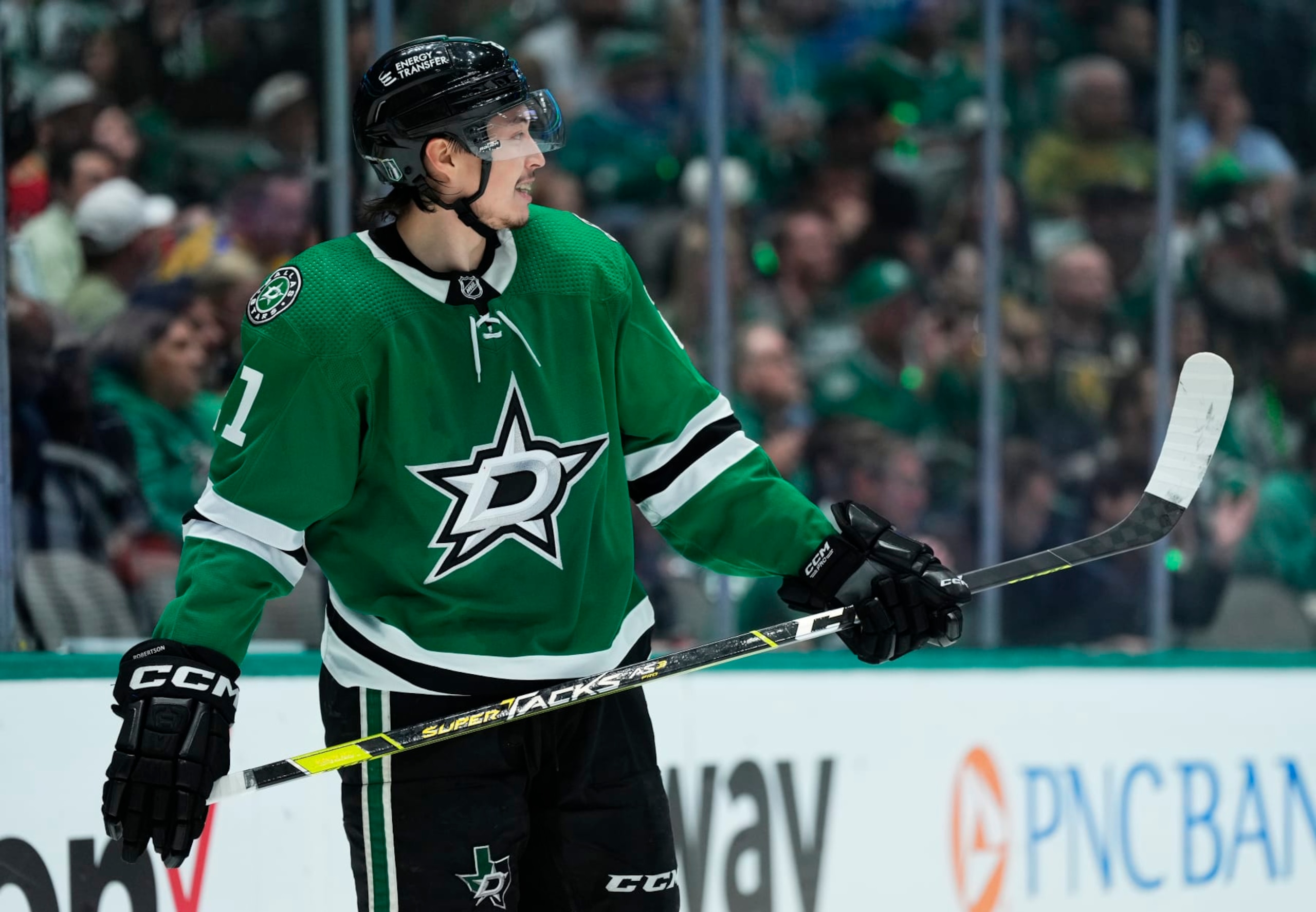 DALLAS, TEXAS - MAY 25: Jason Robertson #21 of the Dallas Stars skates during the second period against the Vegas Golden Knights in Game Four of the Western Conference Final of the 2023 Stanley Cup Playoffs at American Airlines Center on May 25, 2023 in Dallas, Texas. (Photo by Jeff Bottari/NHLI via Getty Images)