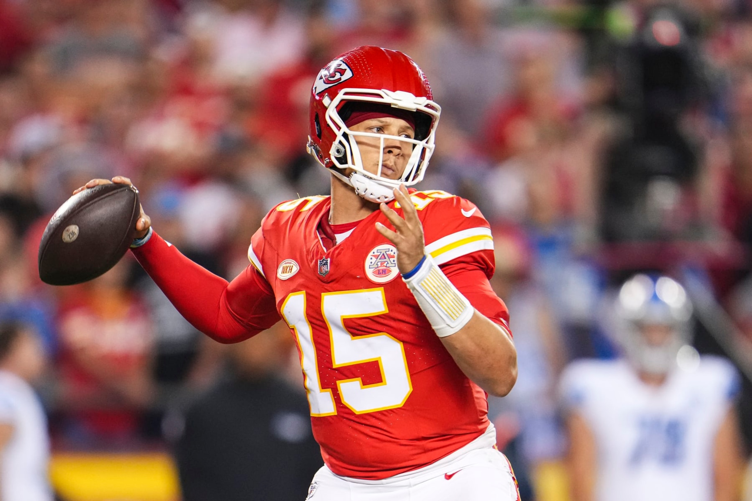 KANSAS CITY, MO - SEPTEMBER 07: Patrick Mahomes #15 of the Kansas City Chiefs throws the ball during at GEHA Field at Arrowhead Stadium on September 7, 2023 in Kansas City, Missouri. (Photo by Cooper Neill/Getty Images)