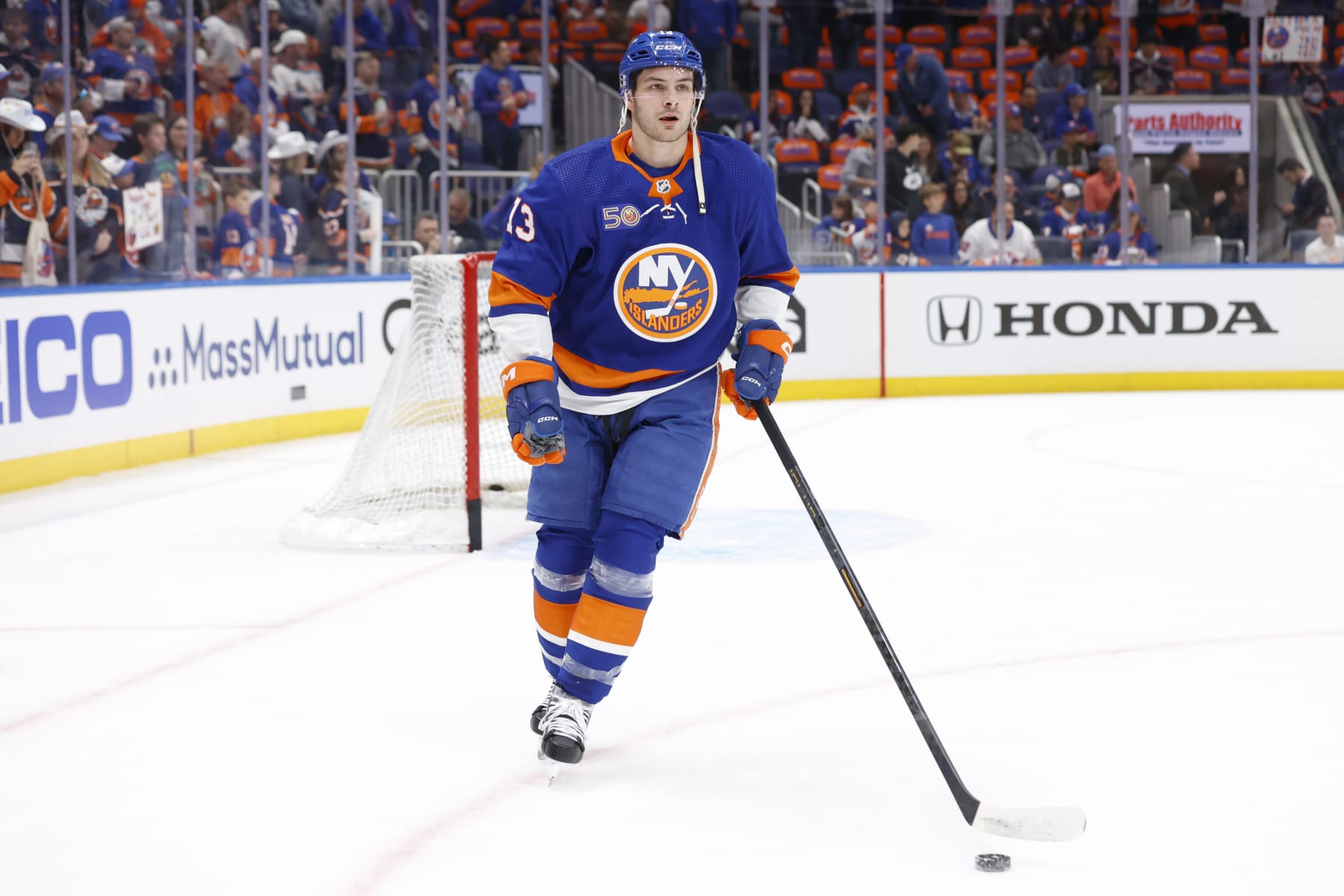 ELMONT, NEW YORK - APRIL 21: Mathew Barzal #13 of the New York Islanders skates during warmups before playing the Carolina Hurricanes in Game Three of the First Round of the 2023 Stanley Cup Playoffs at UBS Arena on April 21, 2023 in Elmont, New York. (Photo by Josh Lobel/NHLI via Getty Images)