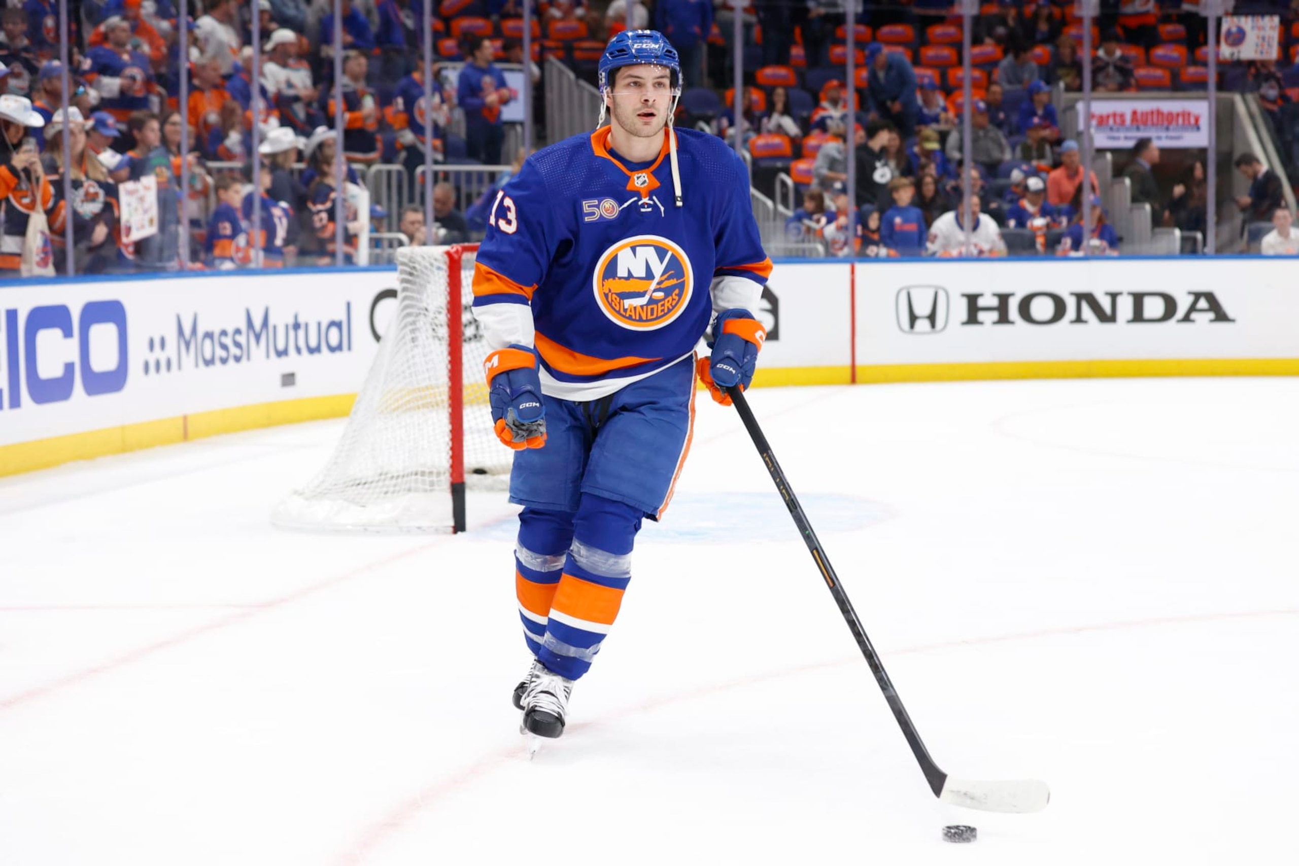 ELMONT, NEW YORK - APRIL 21: Mathew Barzal #13 of the New York Islanders skates during warmups before playing the Carolina Hurricanes in Game Three of the First Round of the 2023 Stanley Cup Playoffs at UBS Arena on April 21, 2023 in Elmont, New York. (Photo by Josh Lobel/NHLI via Getty Images)