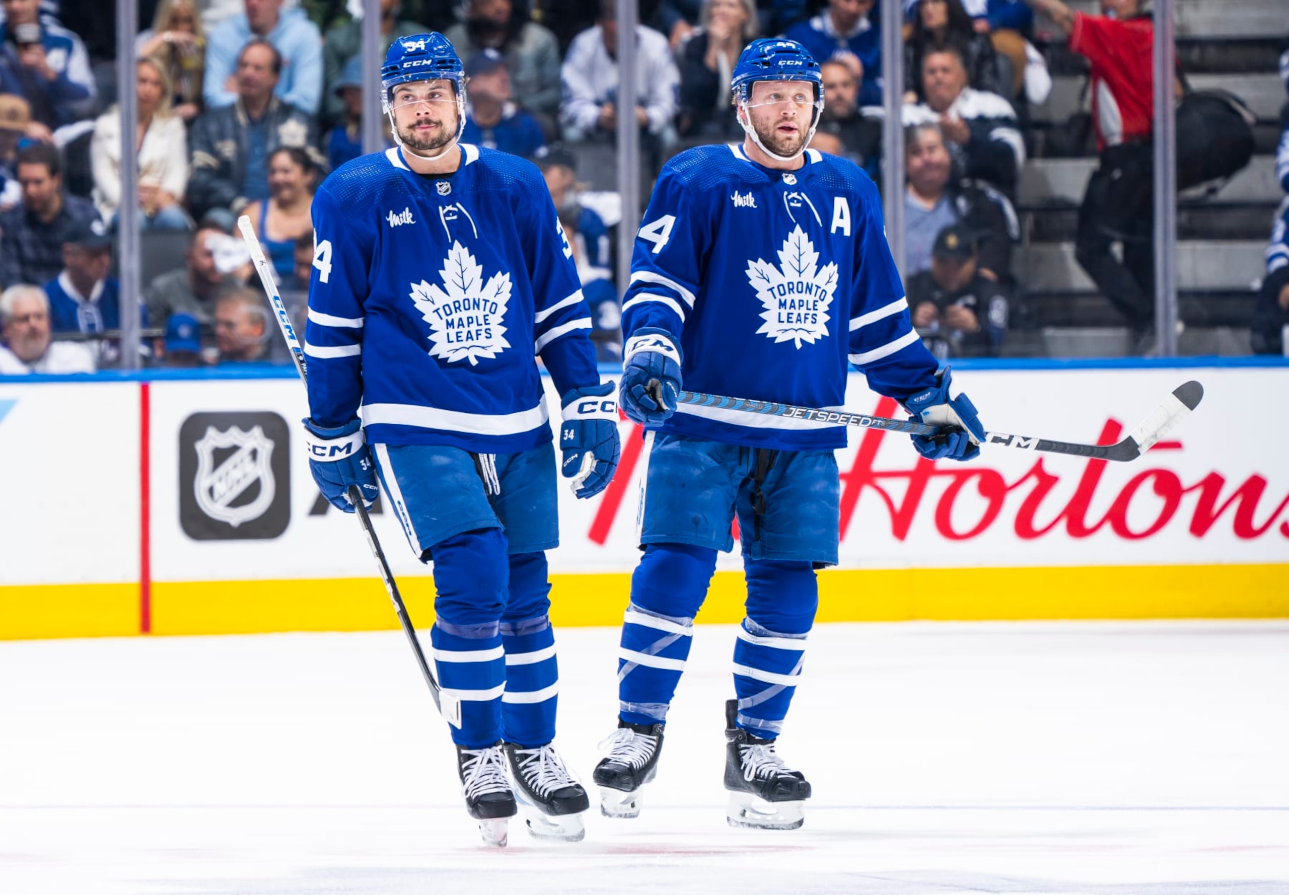 TORONTO, ON - MAY 2: Auston Matthews #34 and Morgan Rielly #44 of the Toronto Maple Leafs look on against the Florida Panthers during the first period in Game One of the Second Round of the 2023 Stanley Cup Playoffs at the Scotiabank Arena on May 2, 2023 in Toronto, Ontario, Canada. (Photo by Mark Blinch/NHLI via Getty Images)