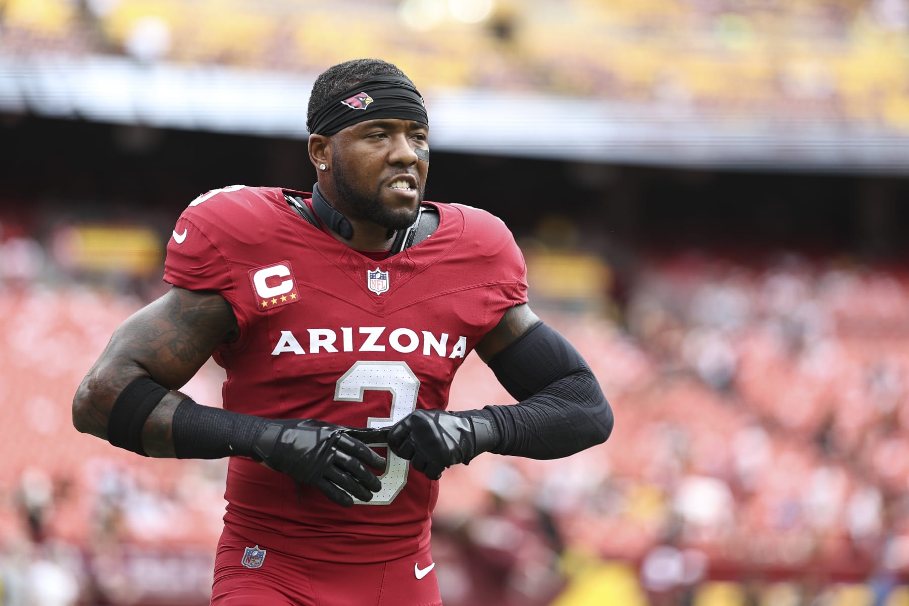 LANDOVER, MARYLAND - SEPTEMBER 10: Budda Baker #3 of the Arizona Cardinals reacts as he warms up prior to a game against the Washington Commanders at FedExField on September 10, 2023 in Landover, Maryland. (Photo by Michael Owens/Getty Images)