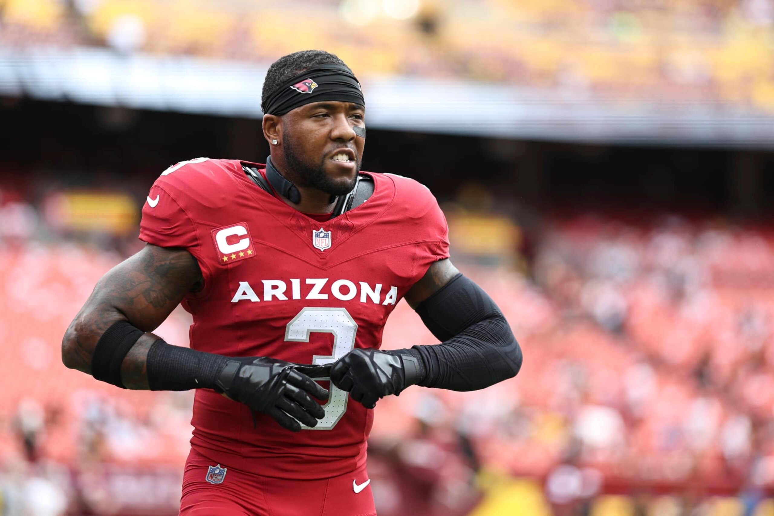 LANDOVER, MARYLAND - SEPTEMBER 10: Budda Baker #3 of the Arizona Cardinals reacts as he warms up prior to a game against the Washington Commanders at FedExField on September 10, 2023 in Landover, Maryland. (Photo by Michael Owens/Getty Images)