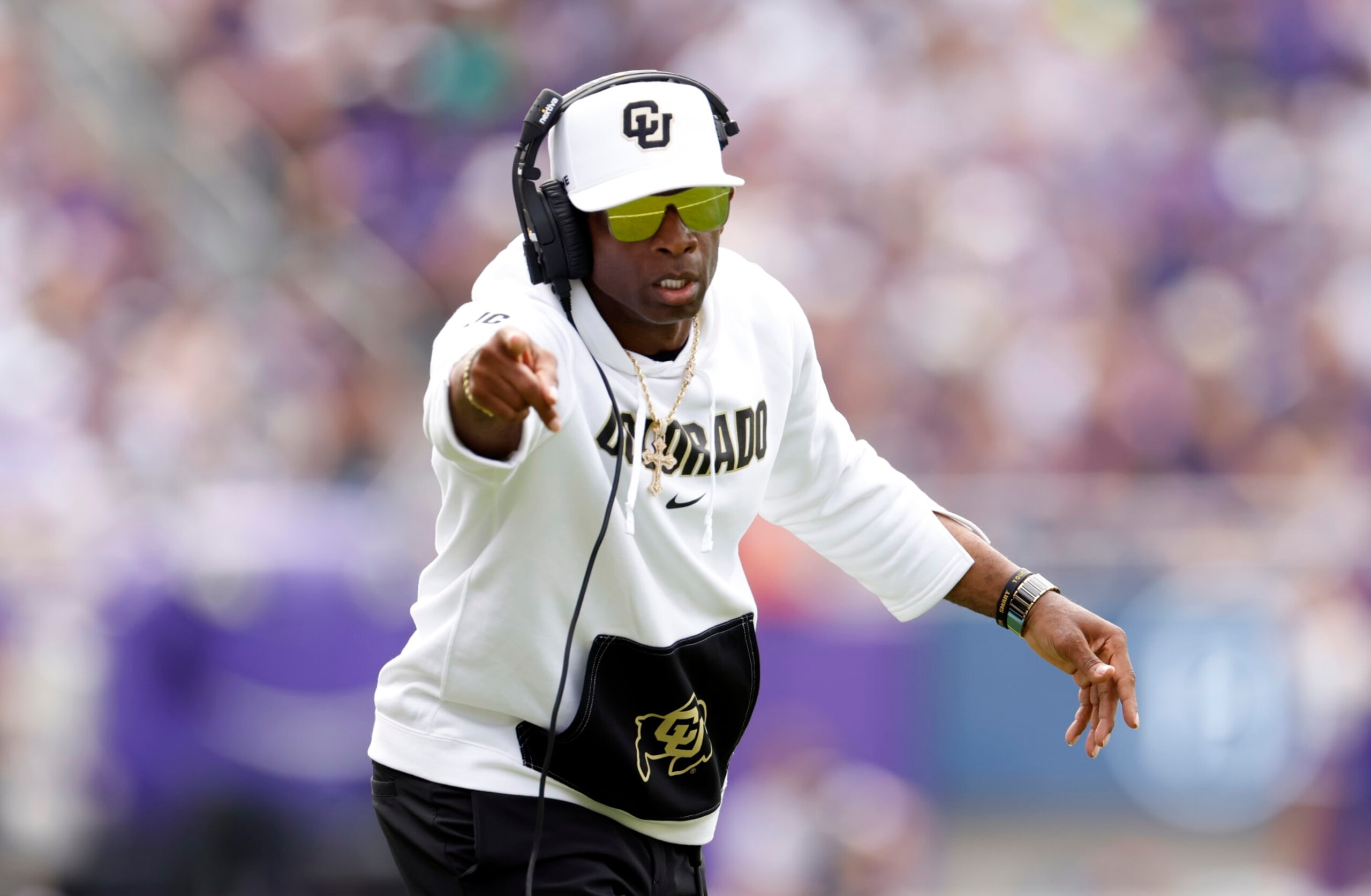 FORT WORTH, TX - SEPTEMBER 2: Head coach Deion Sanders of the Colorado Buffaloes celebrates a touchdown against the TCU Horned Frogs during the first half at Amon G. Carter Stadium on September 2, 2023 in Fort Worth, Texas. (Photo by Ron Jenkins/Getty Images)