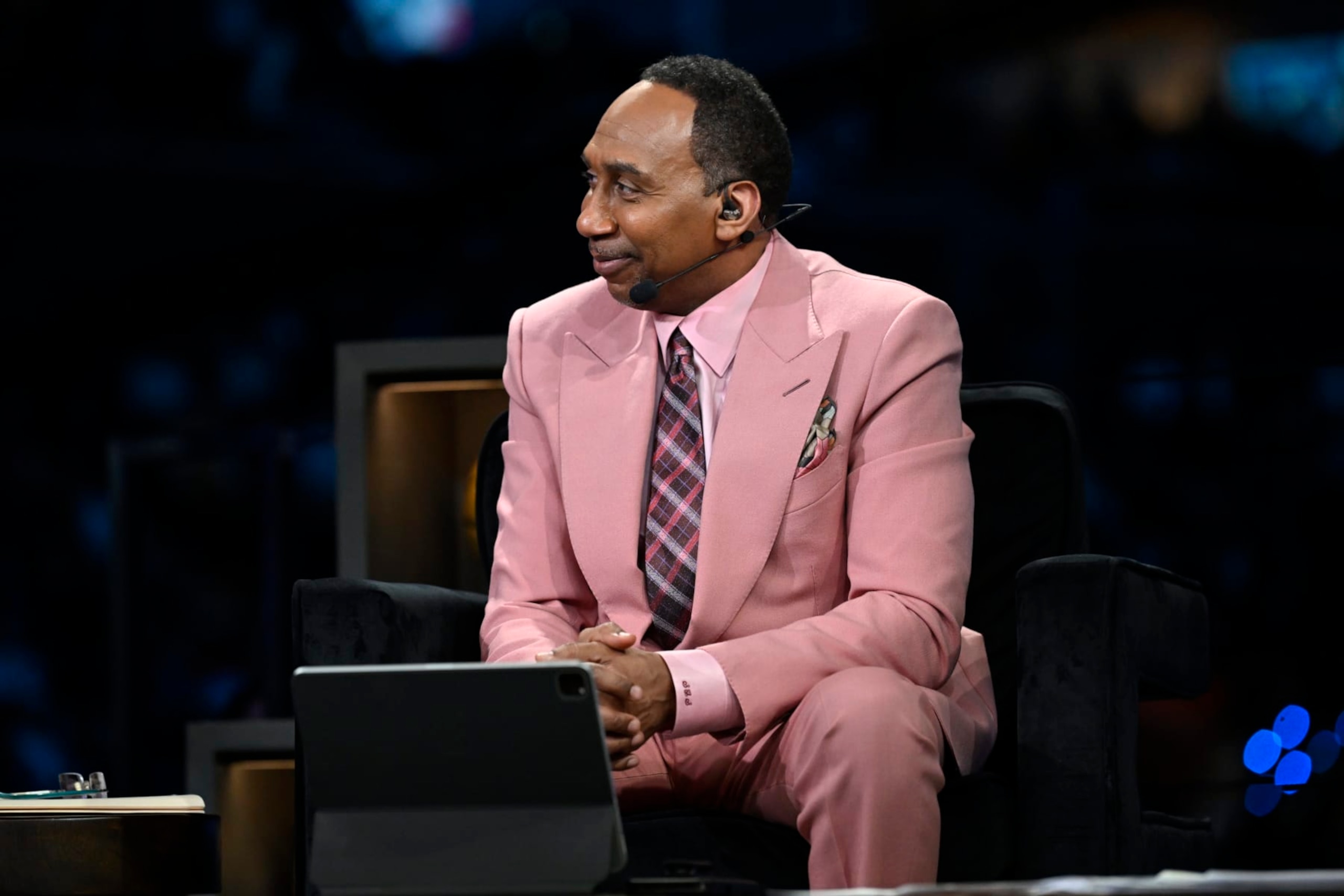 BROOKLYN, NY - JUNE 22: Stephen A. Smith looks on during the 2023 NBA Draft on June 22, 2023 at Barclays Center in Brooklyn, New York. NOTE TO USER: User expressly acknowledges and agrees that, by downloading and or using this photograph, User is consenting to the terms and conditions of the Getty Images License Agreement. Mandatory Copyright Notice: Copyright 2023 NBAE (Photo by Kostas Lymperopoulos/NBAE via Getty Images)