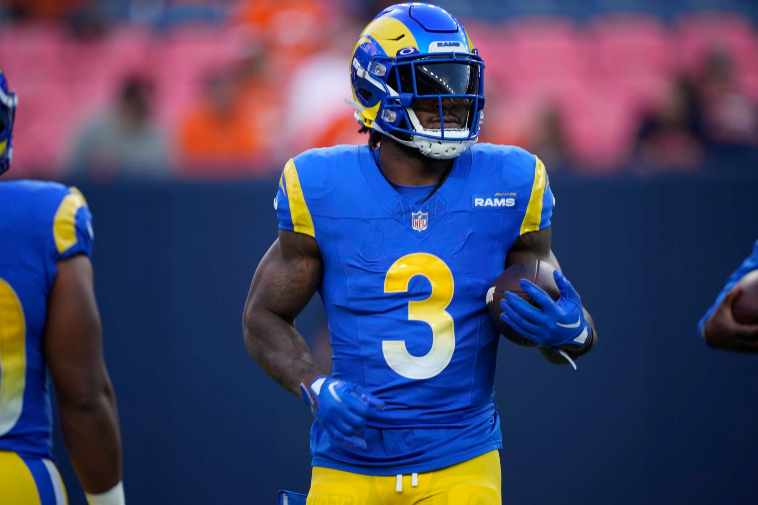 Los Angeles Rams running back Cam Akers (3) warms up before an NFL preseason football game Saturday, Aug. 26, 2023, in Denver. (AP Photo/David Zalubowski)
