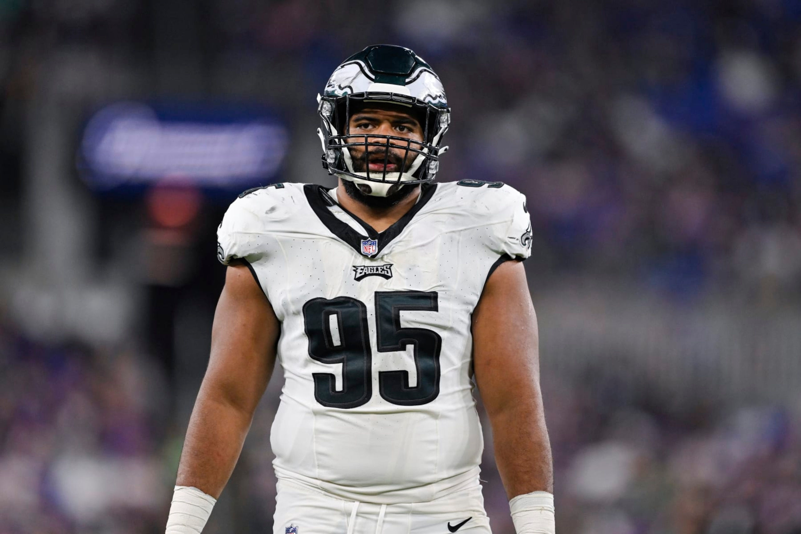 Philadelphia Eagles defensive tackle Marlon Tuipulotu (95) looks on between plays during the second half of an NFL preseason football game against the Baltimore Ravens, Saturday, Aug. 12, 2022, in Baltimore. (AP Photo/Terrance Williams)