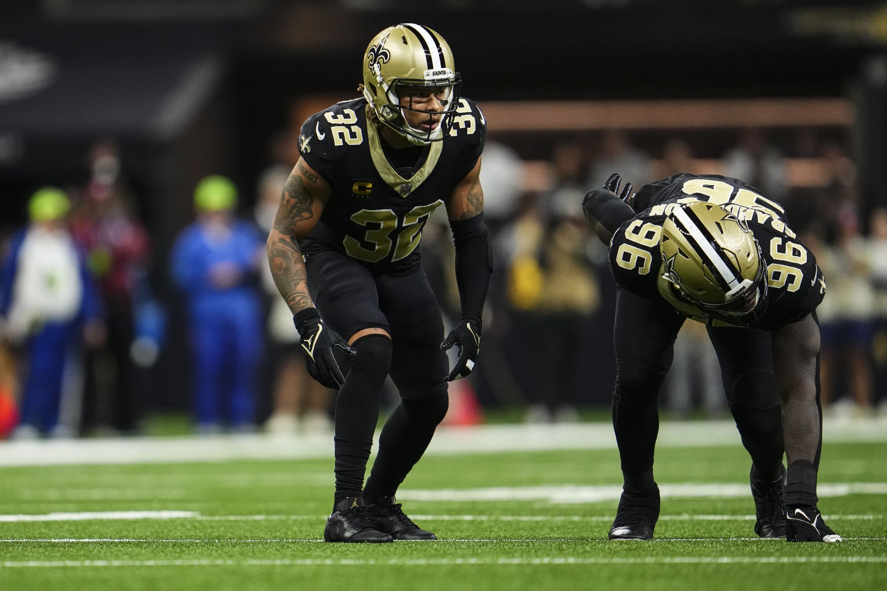 NEW ORLEANS, LA - SEPTEMBER 10: Tyrann Mathieu #32 of the New Orleans Saints defends in coverage  at Caesars Superdome on September 10, 2023 in New Orleans, Louisiana. (Photo by Cooper Neill/Getty Images)