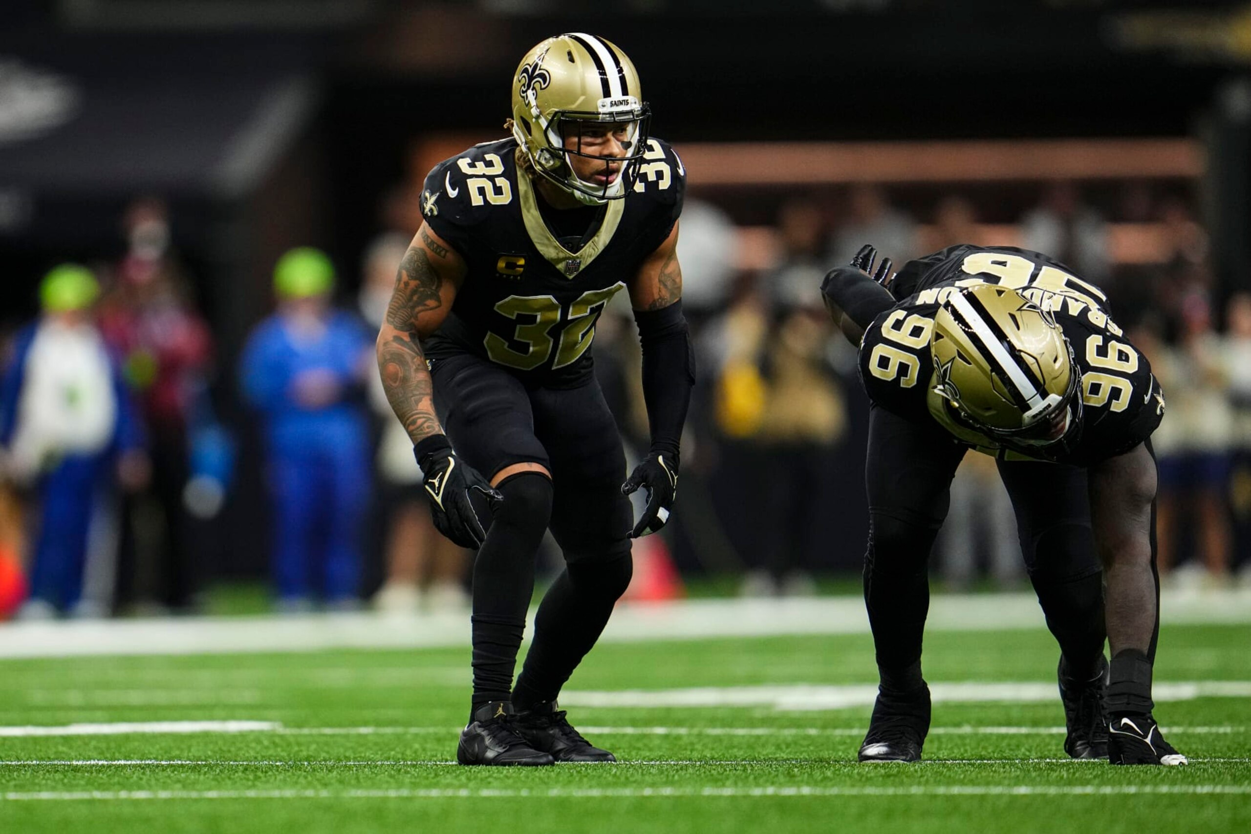 NEW ORLEANS, LA - SEPTEMBER 10: Tyrann Mathieu #32 of the New Orleans Saints defends in coverage  at Caesars Superdome on September 10, 2023 in New Orleans, Louisiana. (Photo by Cooper Neill/Getty Images)