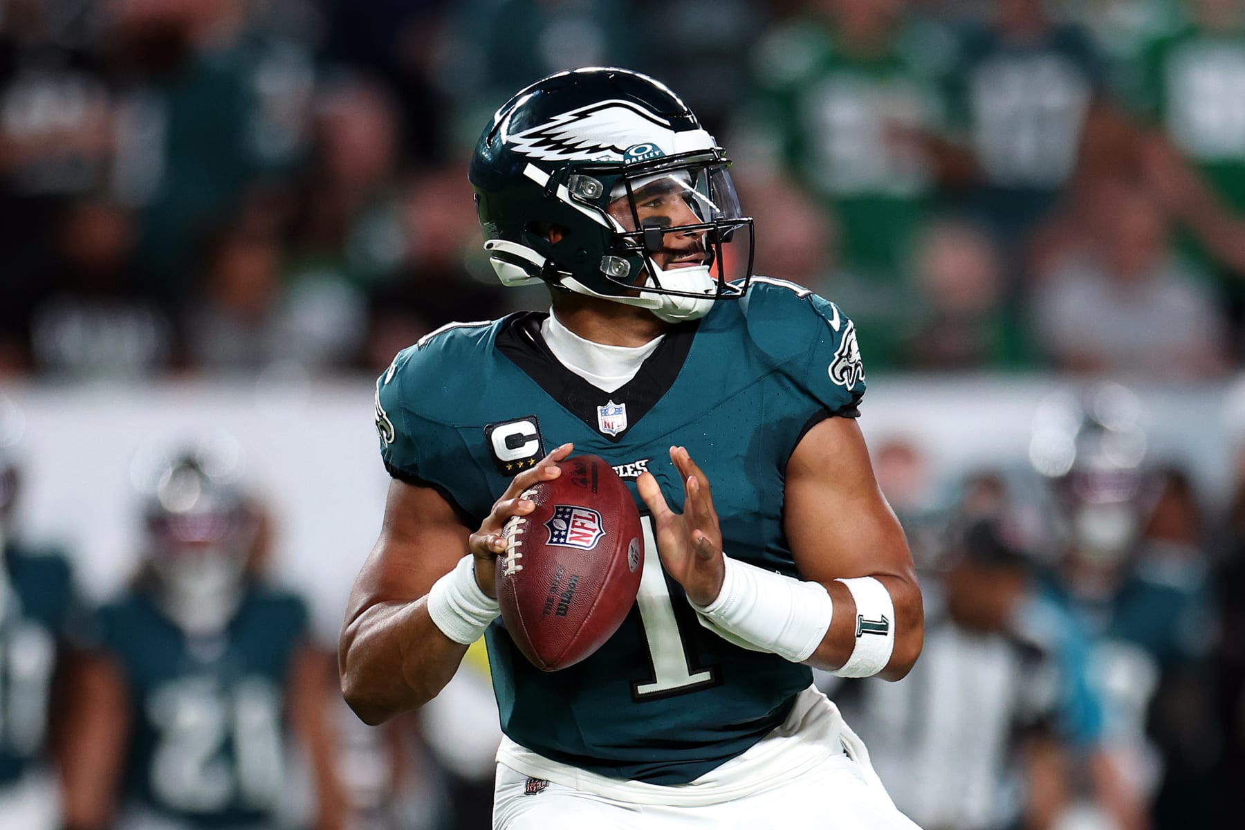 PHILADELPHIA, PENNSYLVANIA - SEPTEMBER 14: Jalen Hurts #1 of the Philadelphia Eagles passes against the Minnesota Vikings at Lincoln Financial Field on September 14, 2023 in Philadelphia, Pennsylvania. (Photo by Tim Nwachukwu/Getty Images)
