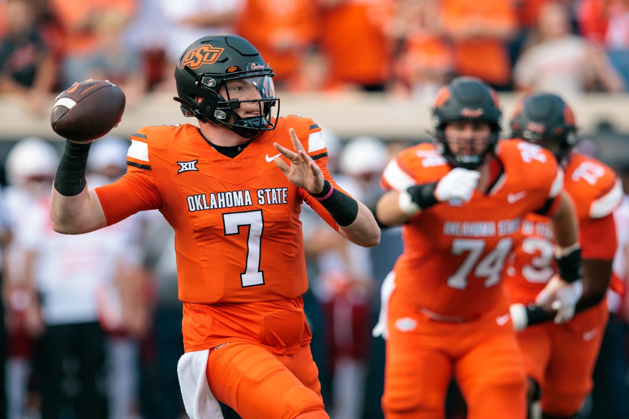 STILLWATER, OK - SEPTEMBER 16: Oklahoma State Cowboys quarterback Alan Bowman (7) passes during the first half against the South Alabama Jaguars on September 16, 2023 at Boone Pickens Stadium in Stillwater Oklahoma. (Photo by William Purnell/Icon Sportswire via Getty Images)