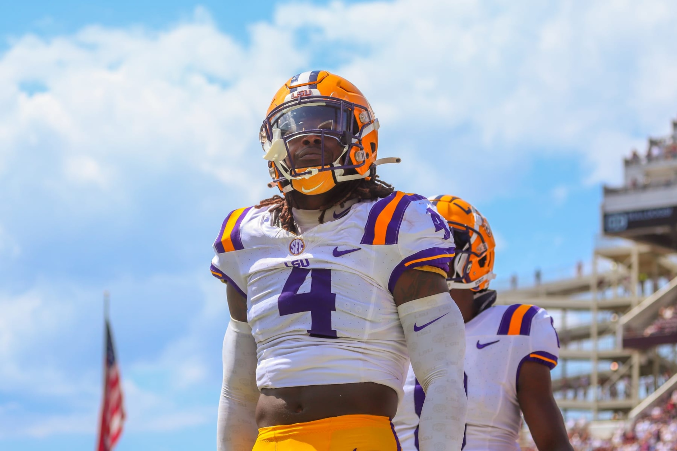 STARKVILLE, MS - SEPTEMBER 16: LSU Tigers linebacker Harold Perkins Jr. (4) celebrates a pass breakup during the game between the Mississippi State Bulldogs and the LSU Tigers on September 16, 2023 at Davis Wade Stadium at Scott Field in Starkville, MS. (Photo by Chris McDill/Icon Sportswire via Getty Images)