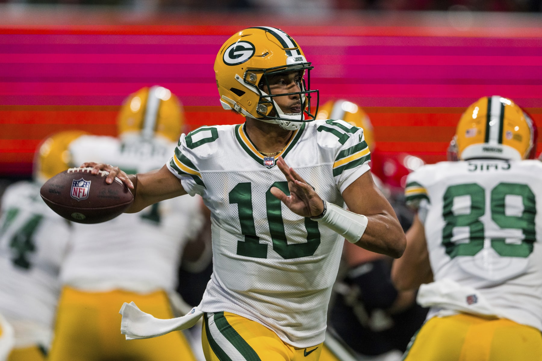 Green Bay Packers quarterback Jordan Love (10) works during the first half of an NFL football game against the Atlanta Falcons, Sunday, Sep. 17, 2023, in Atlanta. The Atlanta Falcons won 25-24. (AP Photo/Danny Karnik)