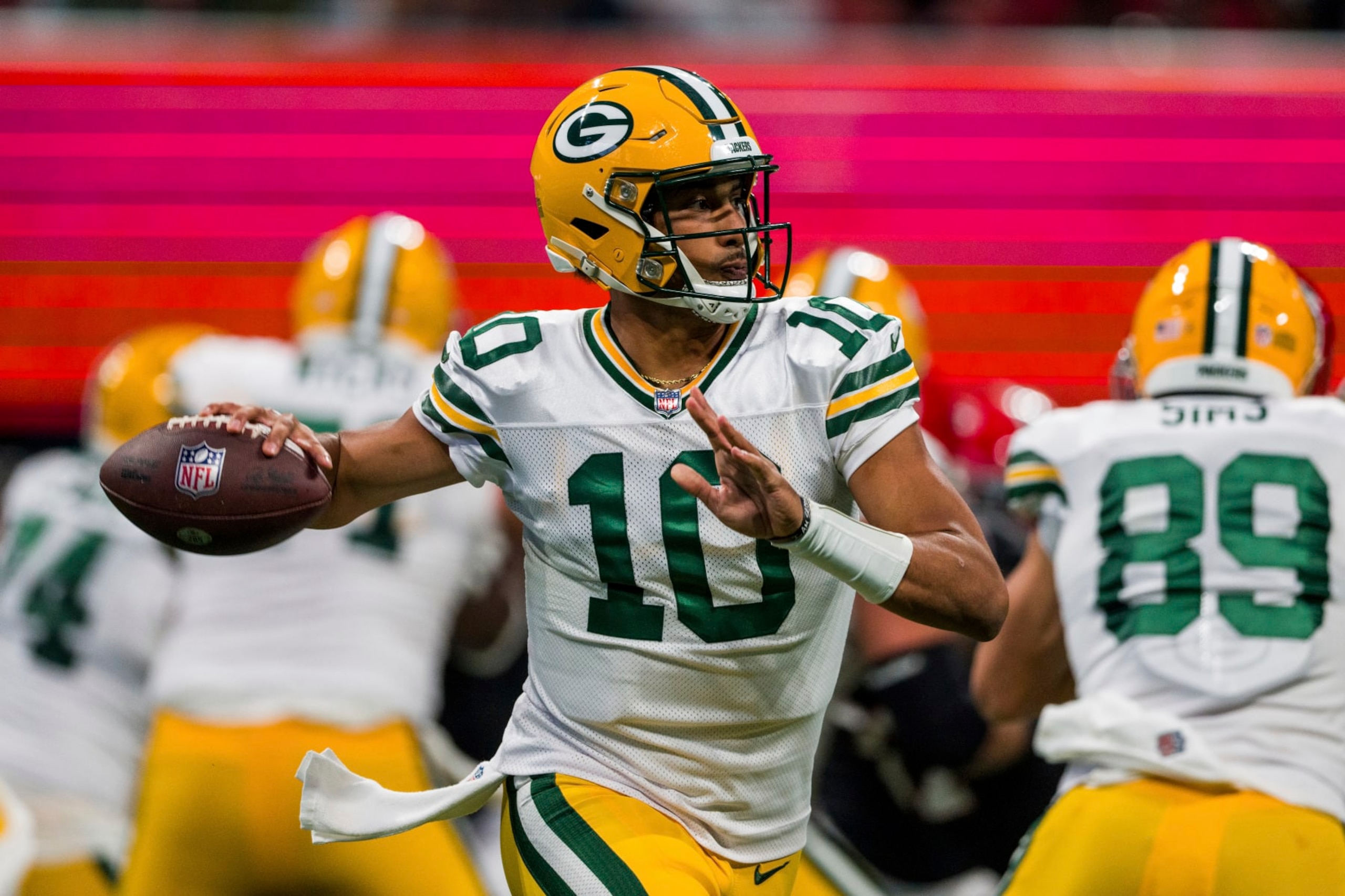 Green Bay Packers quarterback Jordan Love (10) works during the first half of an NFL football game against the Atlanta Falcons, Sunday, Sep. 17, 2023, in Atlanta. The Atlanta Falcons won 25-24. (AP Photo/Danny Karnik)