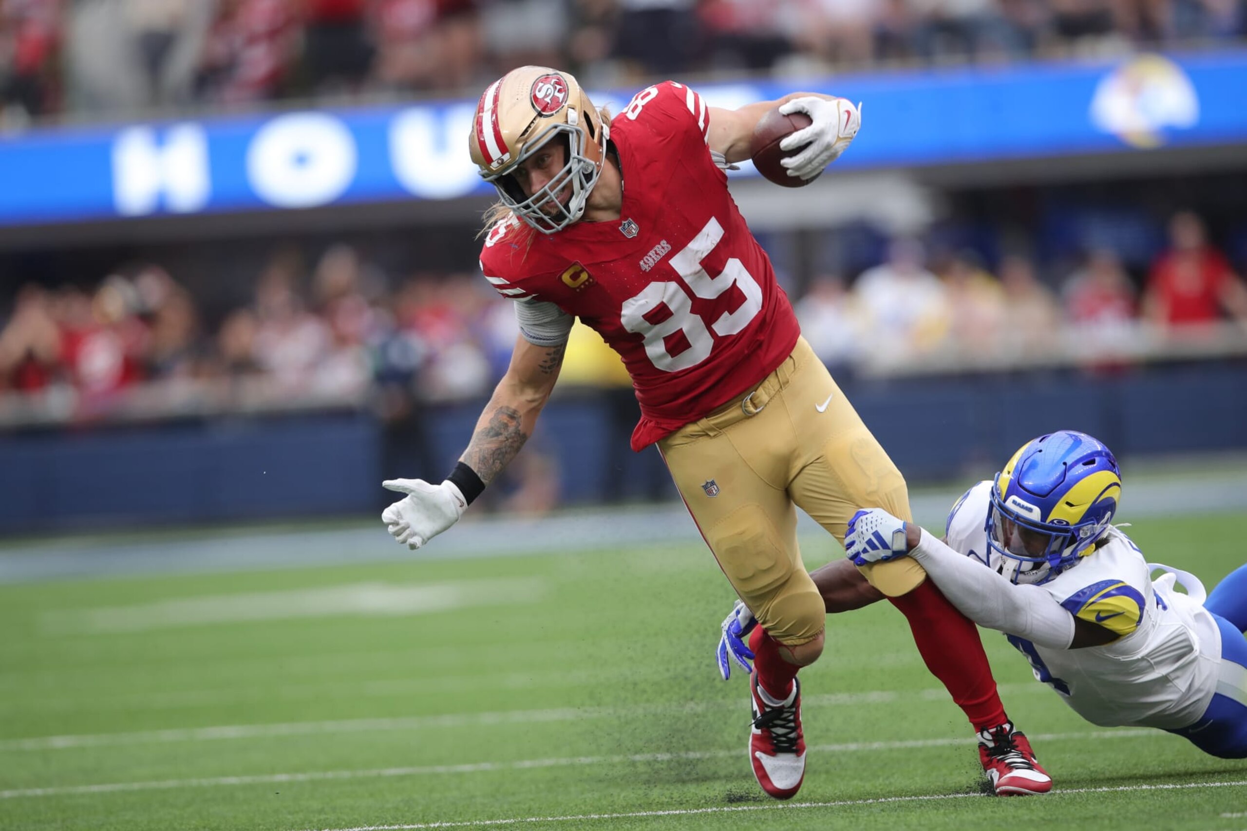 INGLEWOOD, CA - SEPTEMBER 17: George Kittle #85 of the San Francisco 49ers runs after making a catch during the game against the Los Angeles Rams at SoFi Stadium on September 17, 2023 in Inglewood, California. The 49ers defeated the Rams 30-23. (Photo by Michael Zagaris/San Francisco 49ers/Getty Images)