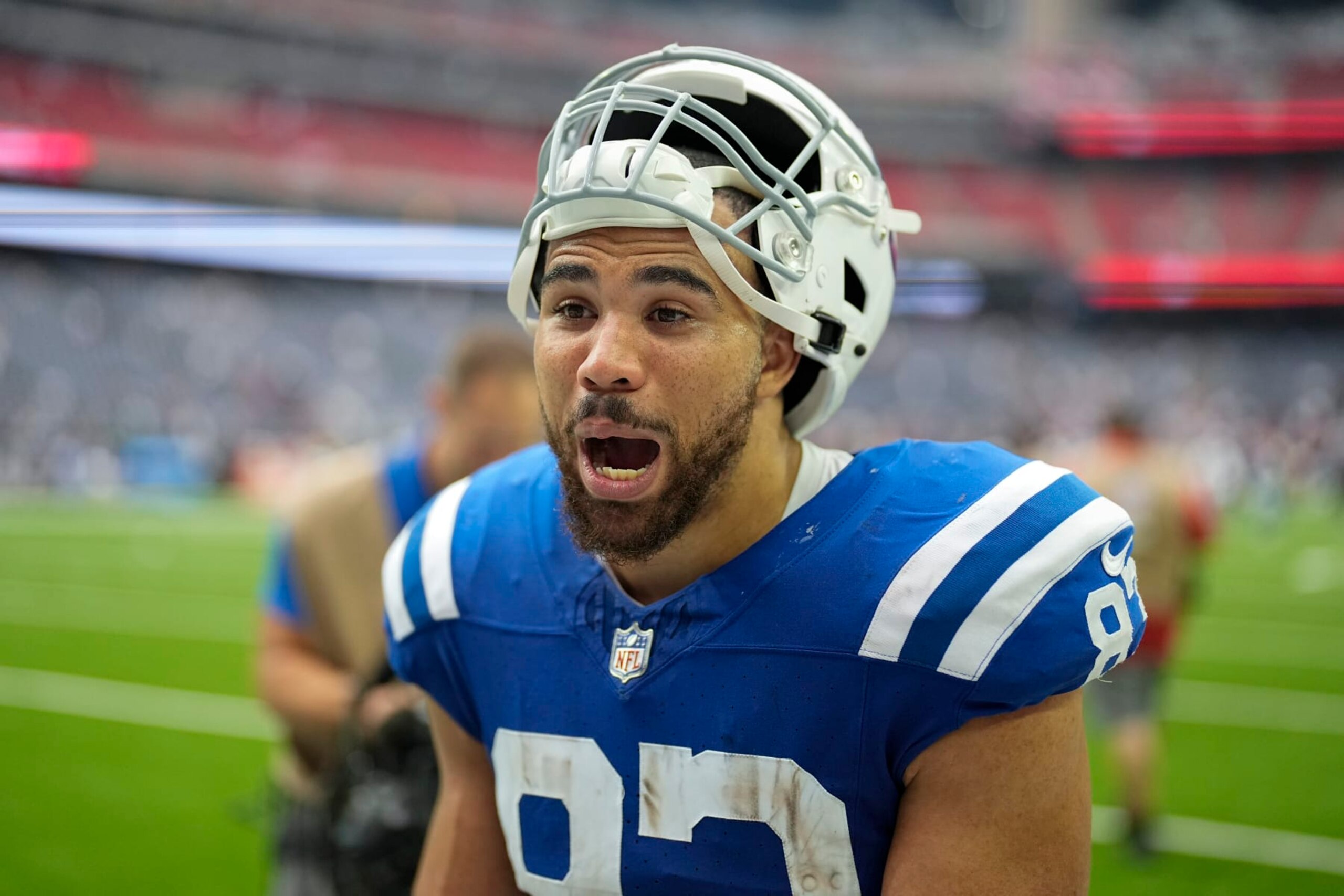 Indianapolis Colts tight end Kylen Granson (83) celebrates leaving the field following an NFL football game against the Houston Texans in Houston, Sunday, Sept. 17, 2023. The Colts defeated the Texans 31-20. (AP Photo/David J. Phillip)