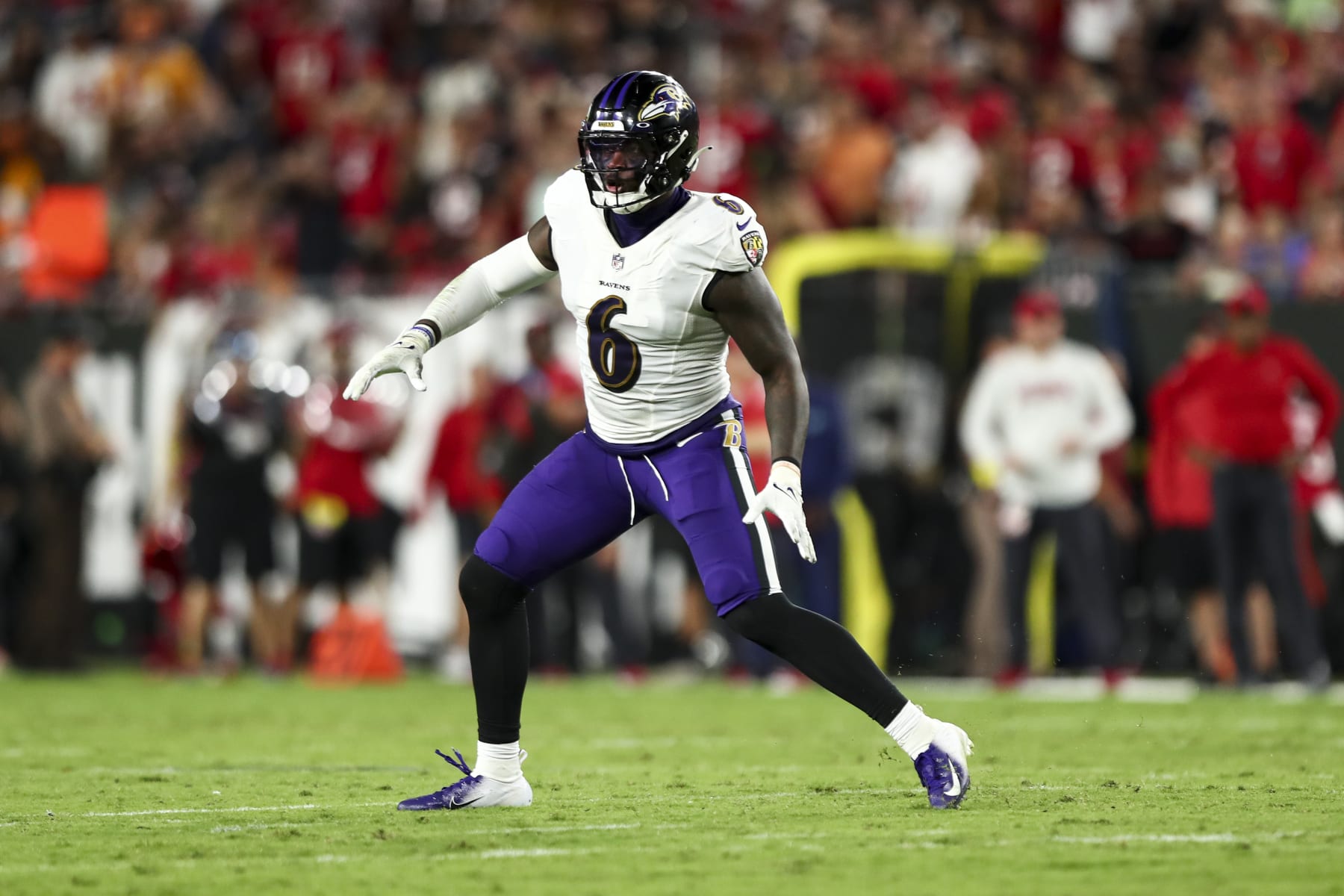 TAMPA, FL - OCTOBER 27: Patrick Queen #6 of the Baltimore Ravens defends in pass coverage during an NFL football game against the Tampa Bay Buccaneers at Raymond James Stadium on October 27, 2022 in Tampa, Florida. (Photo by Kevin Sabitus/Getty Images)