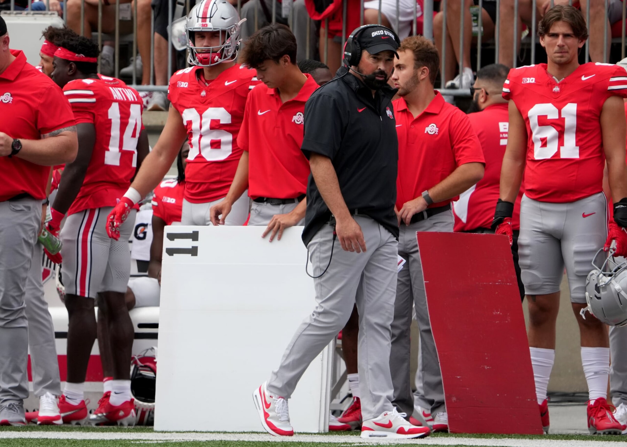 COLUMBUS, OH - SEPTEMBER 09: Head coach Ryan Day of the Ohio State Buckeyes walks up the sideline during the first half against the Youngstown State Penguins at Ohio Stadium in Columbus, Ohio on September 9, 2023. (Photo by Jason Mowry/Icon Sportswire via Getty Images)