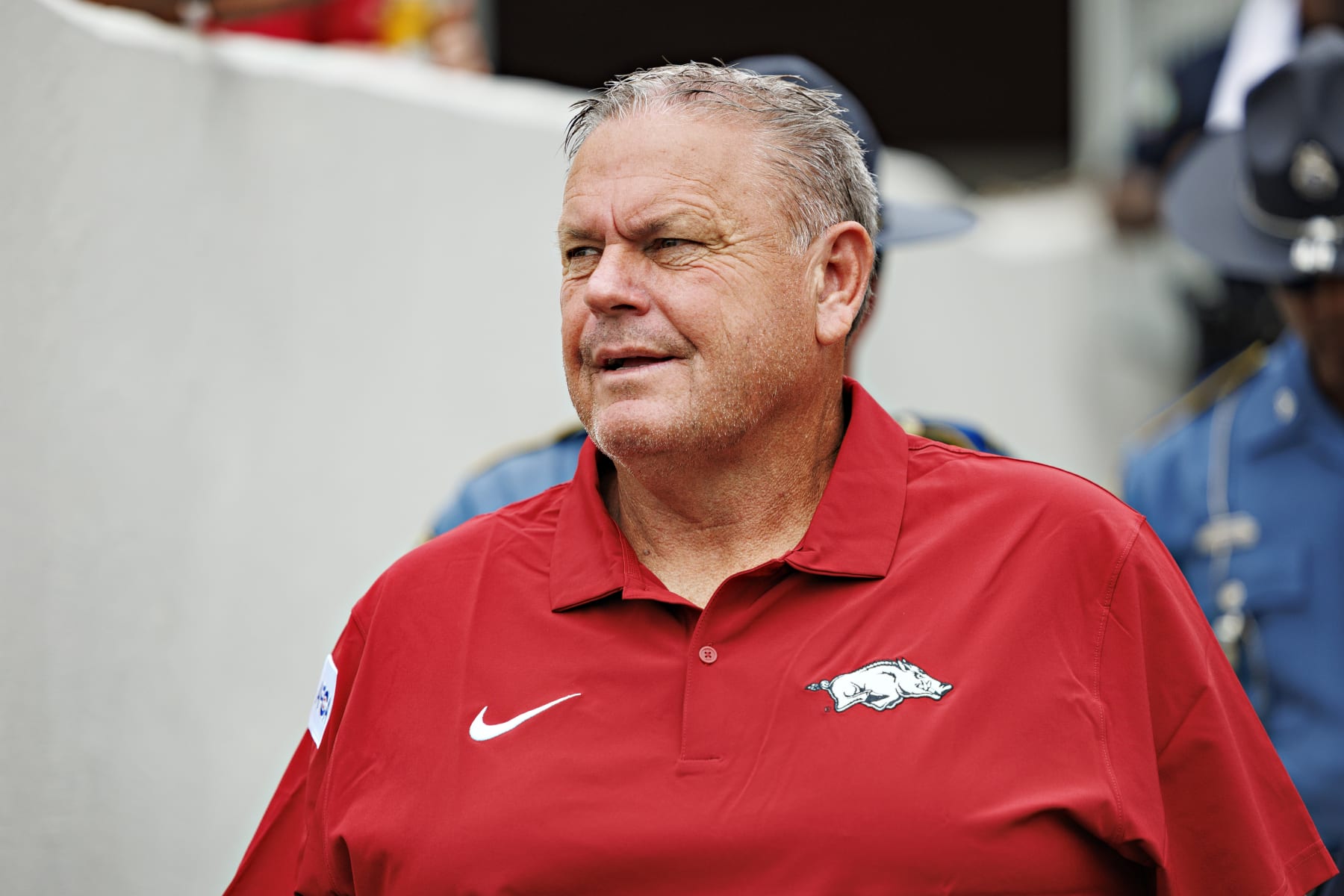 LITTLE ROCK, ARKANSAS - SEPTEMBER 02: Head Coach Sam Pittman of the Arkansas Razorbacks on the field before a game against the Western Carolina Catamounts at War Memorial Stadium on September 02, 2023 in Little Rock, Arkansas. The Razorbacks defeated the Catamounts 56-13.  (Photo by Wesley Hitt/Getty Images)