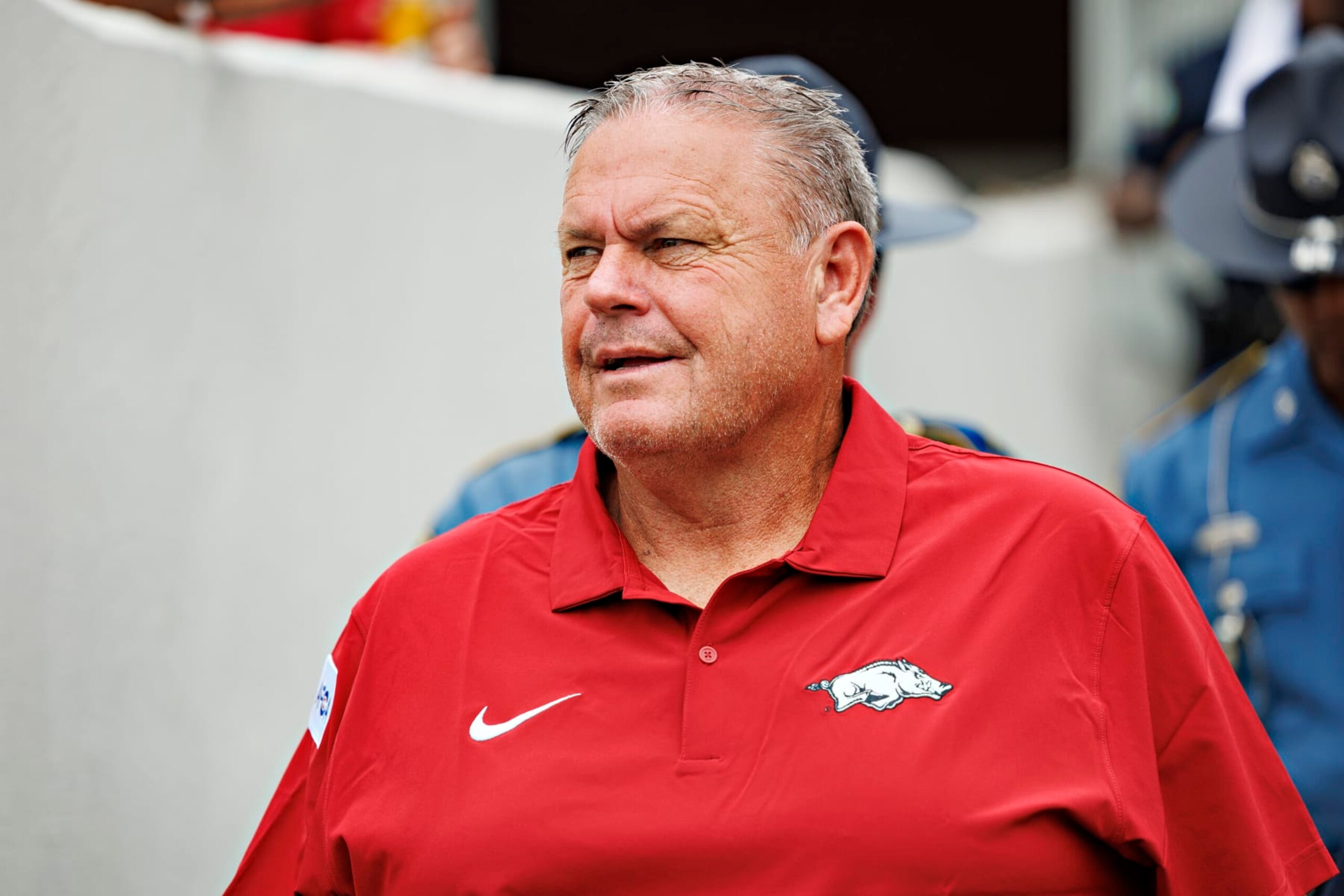 LITTLE ROCK, ARKANSAS - SEPTEMBER 02: Head Coach Sam Pittman of the Arkansas Razorbacks on the field before a game against the Western Carolina Catamounts at War Memorial Stadium on September 02, 2023 in Little Rock, Arkansas. The Razorbacks defeated the Catamounts 56-13.  (Photo by Wesley Hitt/Getty Images)