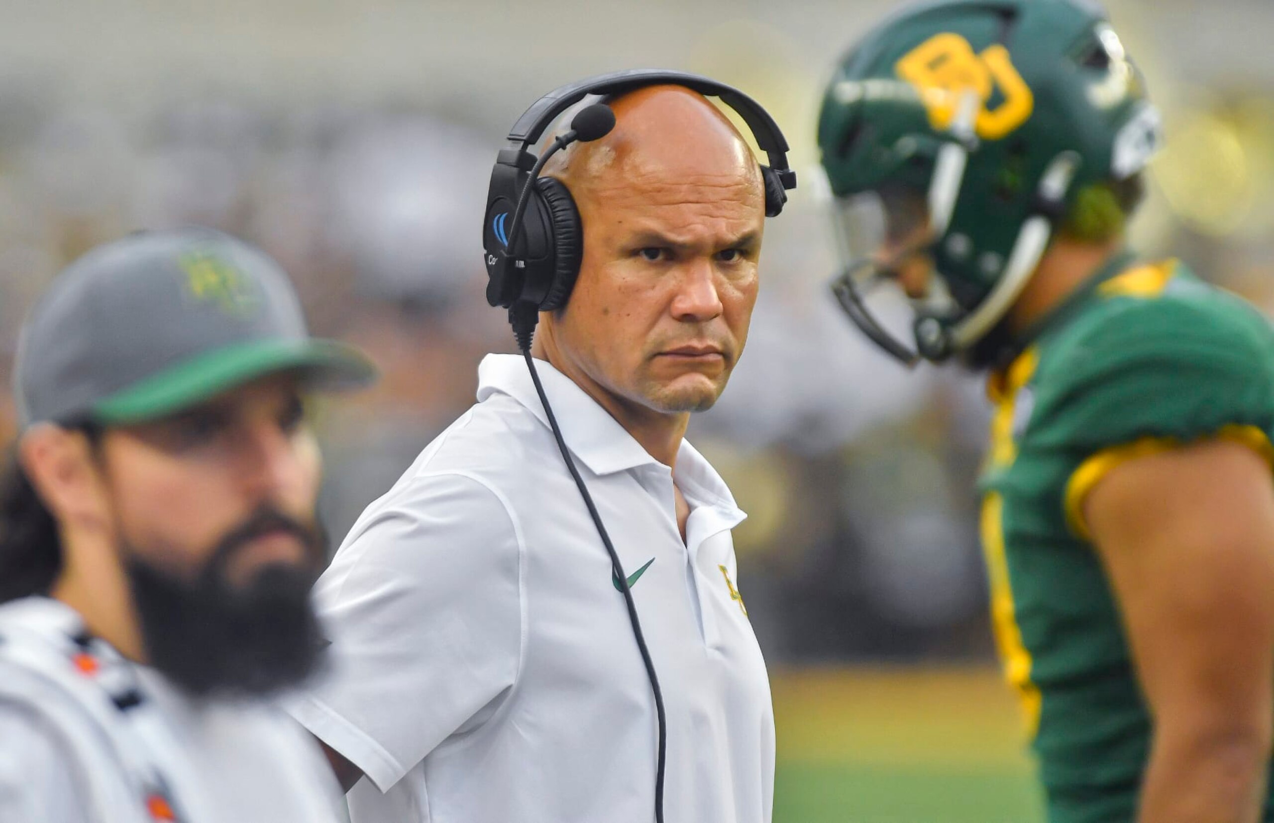 WACO, TX - SEPTEMBER 16: Baylor Bears coach  Dave Aranda during a second quarter timeout of a college football game between the Long Island Sharks and Baylor Bears on Saturday, September 16, 2023 at McLane Stadium in Waco, TX. (Photo by Austin McAfee/Icon Sportswire via Getty Images)