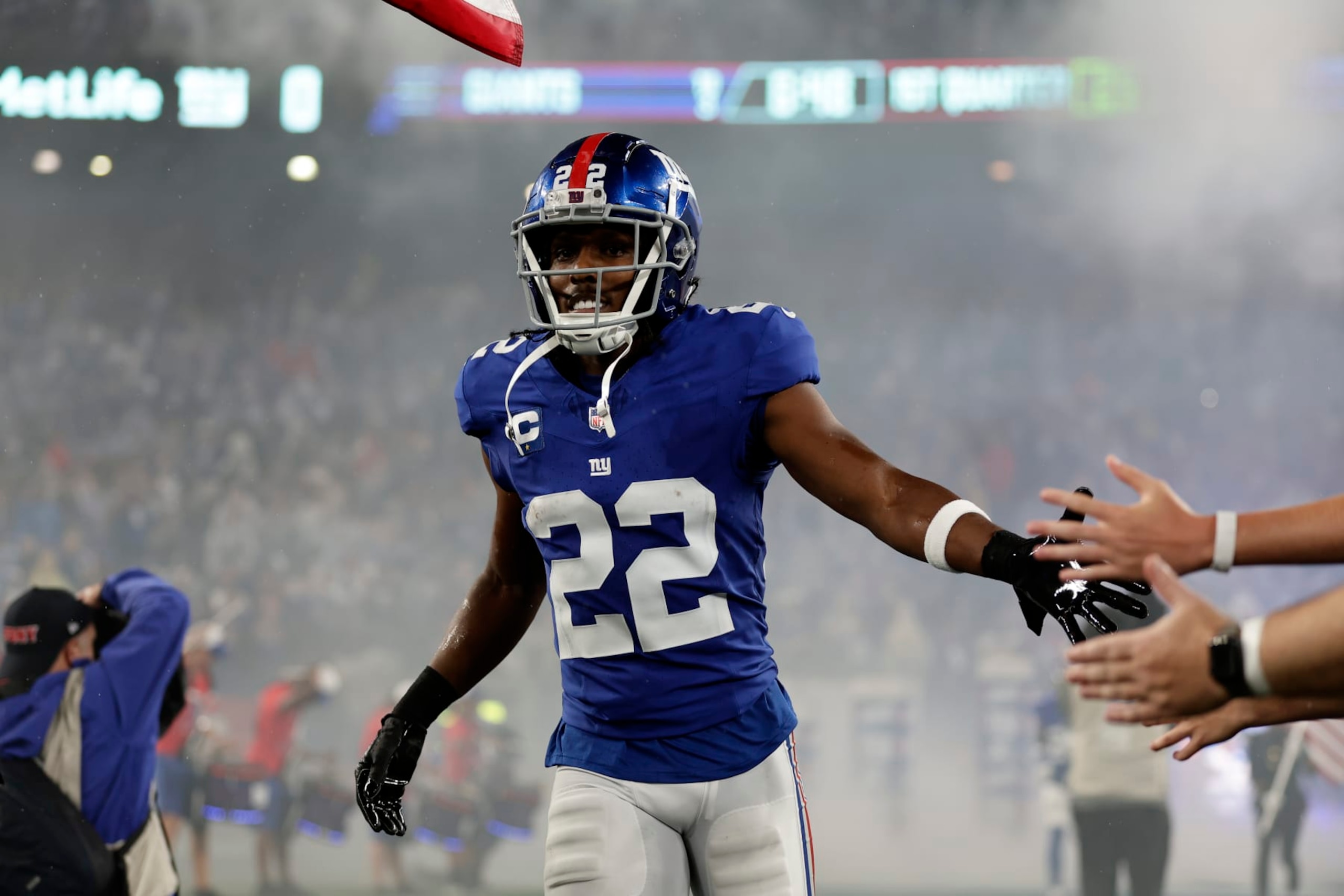 New York Giants' Adoree' Jackson arrives on the field before an NFL football game against the Dallas Cowboys, Sunday, Sept. 10, 2023, in East Rutherford, N.J. (AP Photo/Adam Hunger) New York Giants' Adoree' Jackson arrives on the field before an NFL football game against the Dallas Cowboys, Sunday, Sept. 10, 2023, in East Rutherford, N.J. (AP Photo/Adam Hunger)