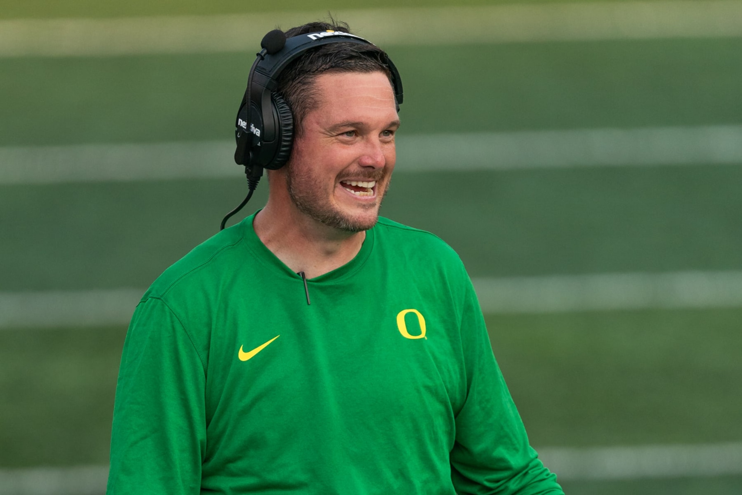 EUGENE, OREGON - SEPTEMBER 16: Head Coach Dan Lanning of the Oregon Ducks looks on from the sideline during the first half of the game against the Hawaii Rainbow Warriors at Autzen Stadium on September 16, 2023 in Eugene, Oregon. (Photo by Ali Gradischer/Getty Images)