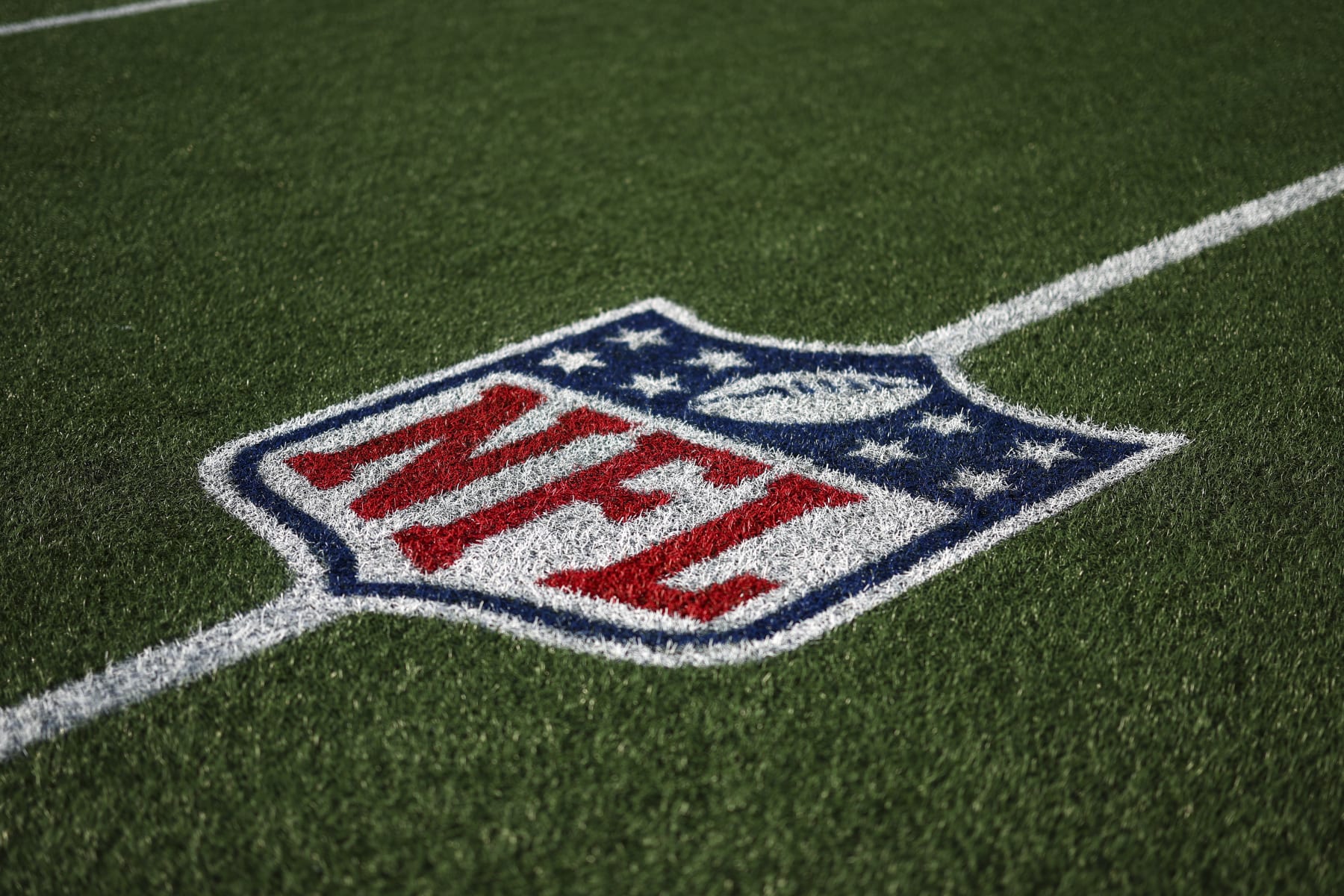 CHARLOTTE, NC - AUGUST 25: An NFL shield logo is painted on the field prior to an NFL preseason football game between the Carolina Panthers and the Detroit Lions at Bank of America Stadium on August 25, 2023 in Charlotte, North Carolina. (Photo by Kevin Sabitus/Getty Images)