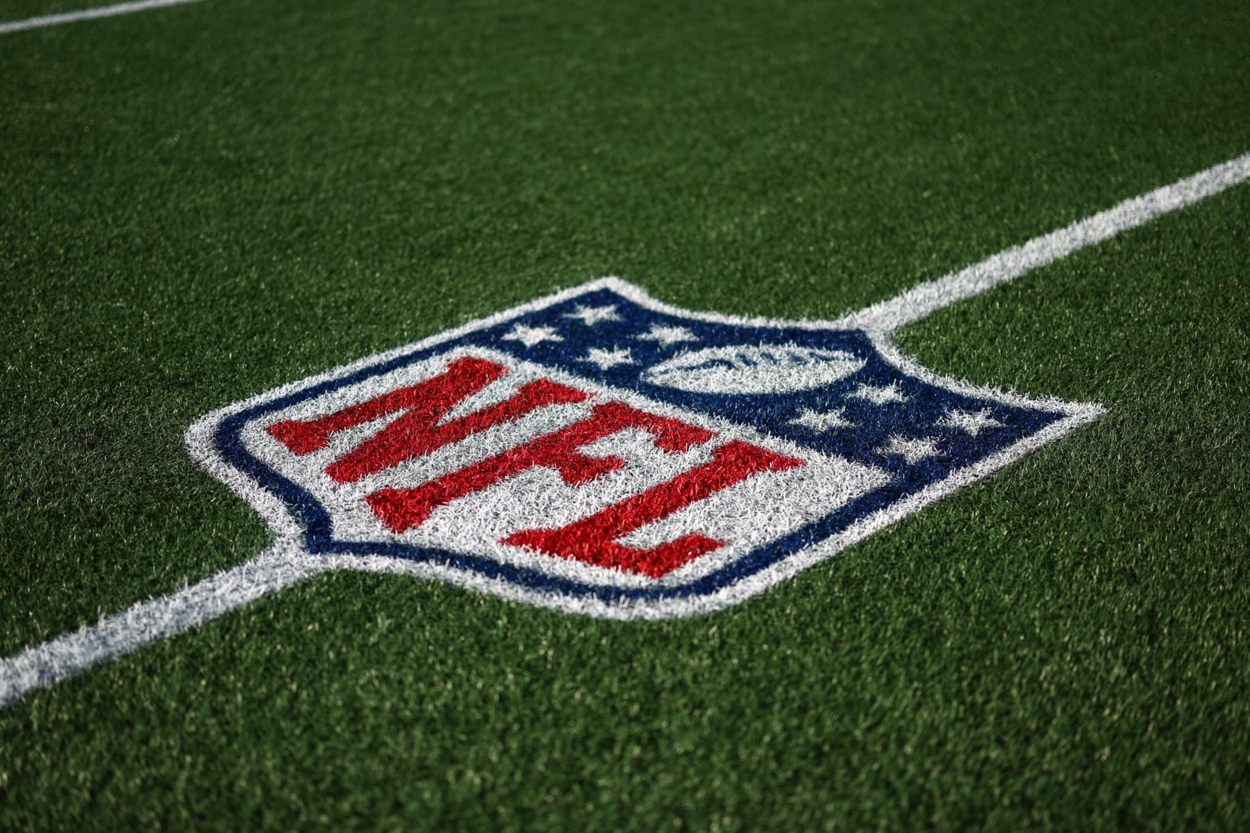 CHARLOTTE, NC - AUGUST 25: An NFL shield logo is painted on the field prior to an NFL preseason football game between the Carolina Panthers and the Detroit Lions at Bank of America Stadium on August 25, 2023 in Charlotte, North Carolina. (Photo by Kevin Sabitus/Getty Images)