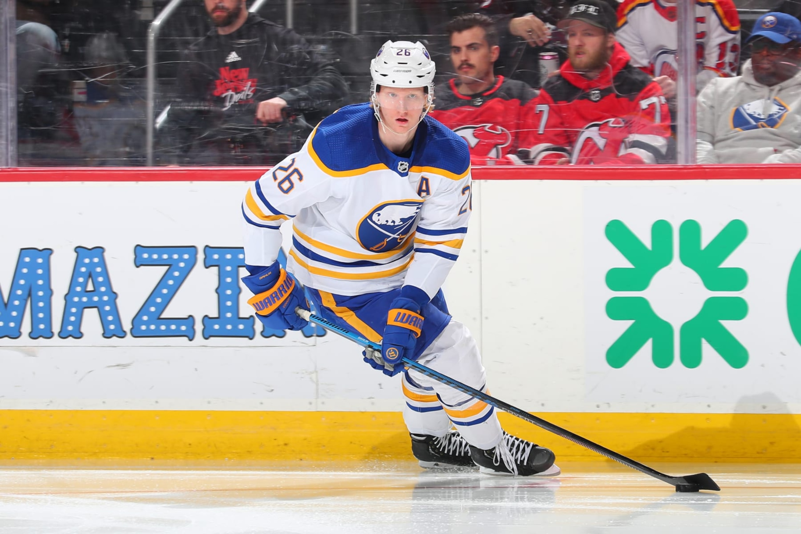 NEWARK, NJ - APRIL 11: Rasmus Dahlin #26 of the Buffalo Sabres skates in the third period of the game against the New Jersey Devils on April 11, 2023 in Newark, New Jersey.  (Photo by Rich Graessle/NHLI via Getty Images)