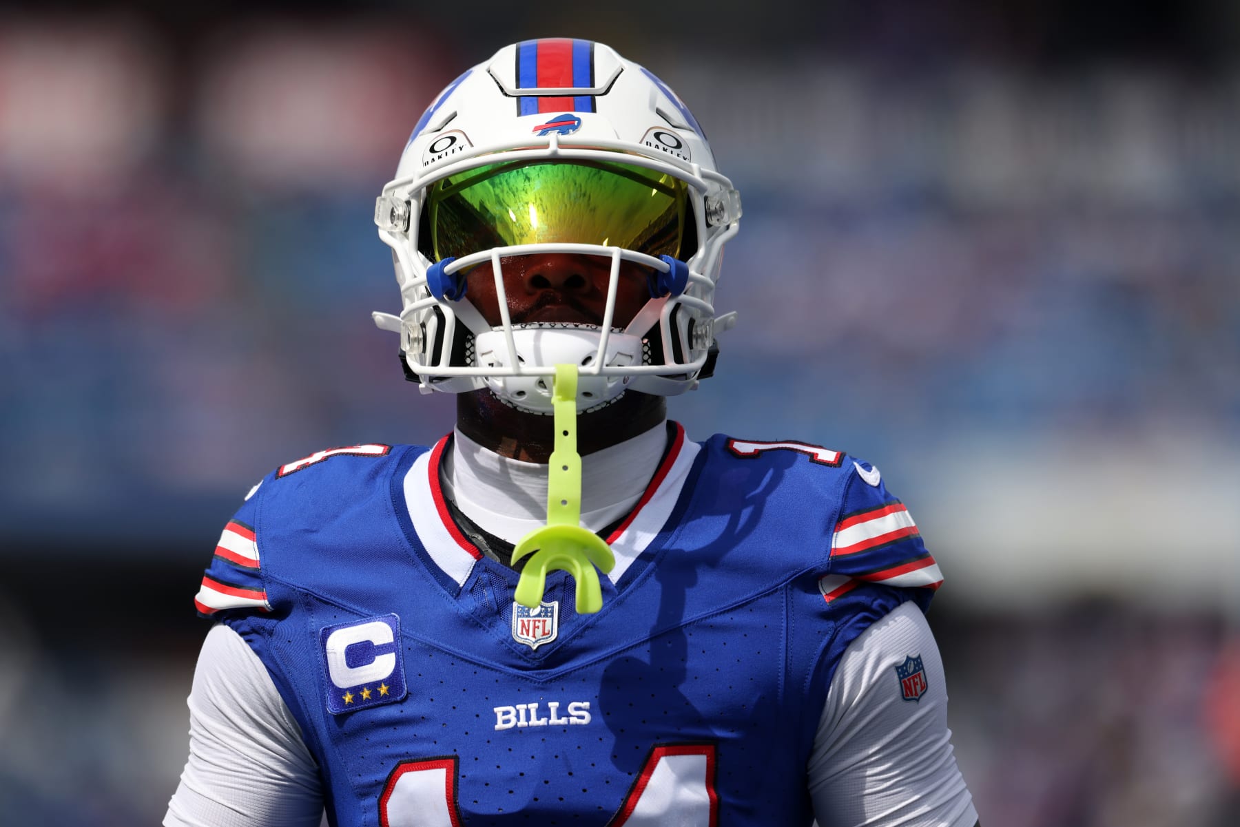 ORCHARD PARK, NEW YORK - SEPTEMBER 17: Stefon Diggs #14 of the Buffalo Bills looks on prior to his game against the Las Vegas Raiders at Highmark Stadium on September 17, 2023 in Orchard Park, New York. (Photo by Bryan M. Bennett/Getty Images)