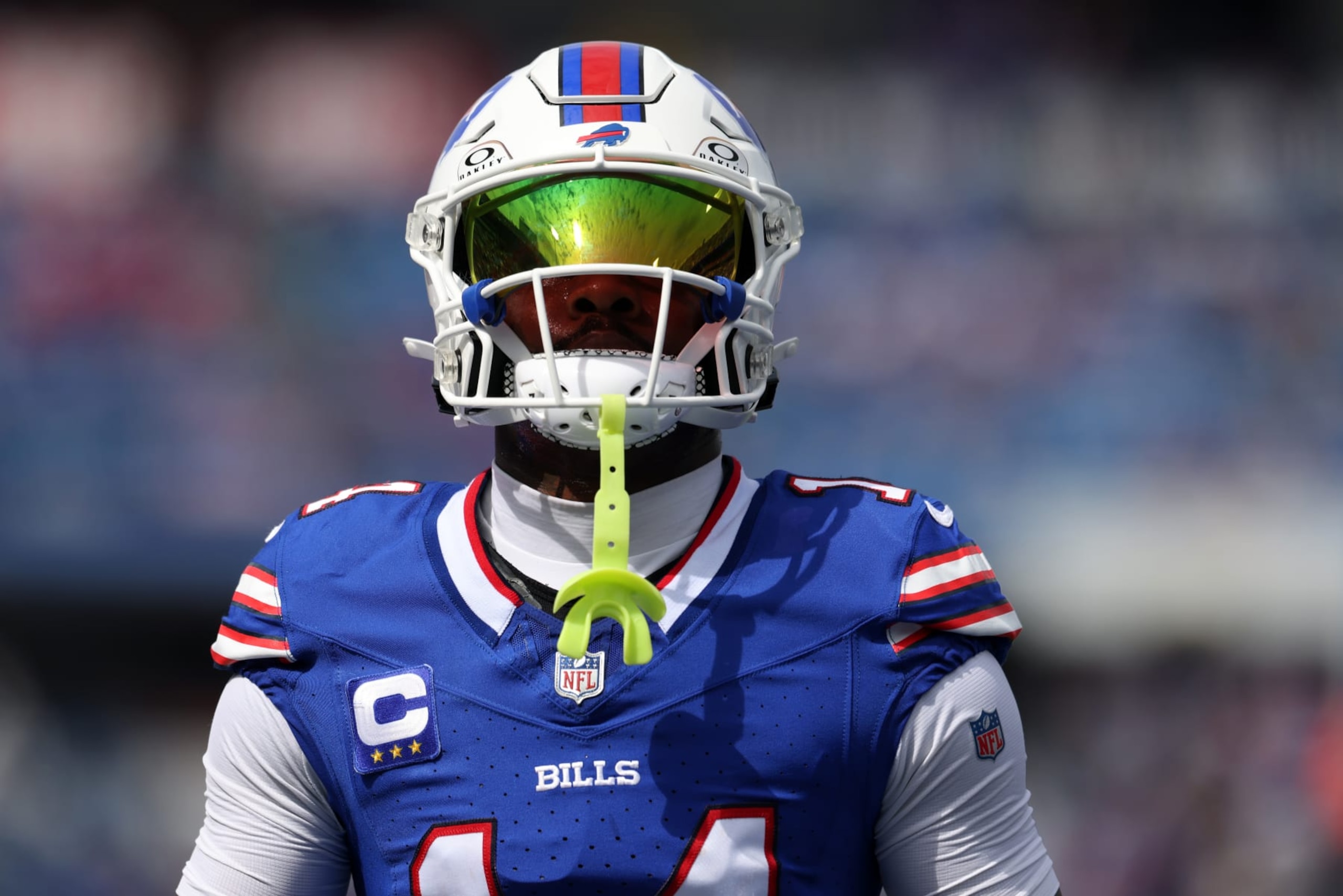 ORCHARD PARK, NEW YORK - SEPTEMBER 17: Stefon Diggs #14 of the Buffalo Bills looks on prior to his game against the Las Vegas Raiders at Highmark Stadium on September 17, 2023 in Orchard Park, New York. (Photo by Bryan M. Bennett/Getty Images)