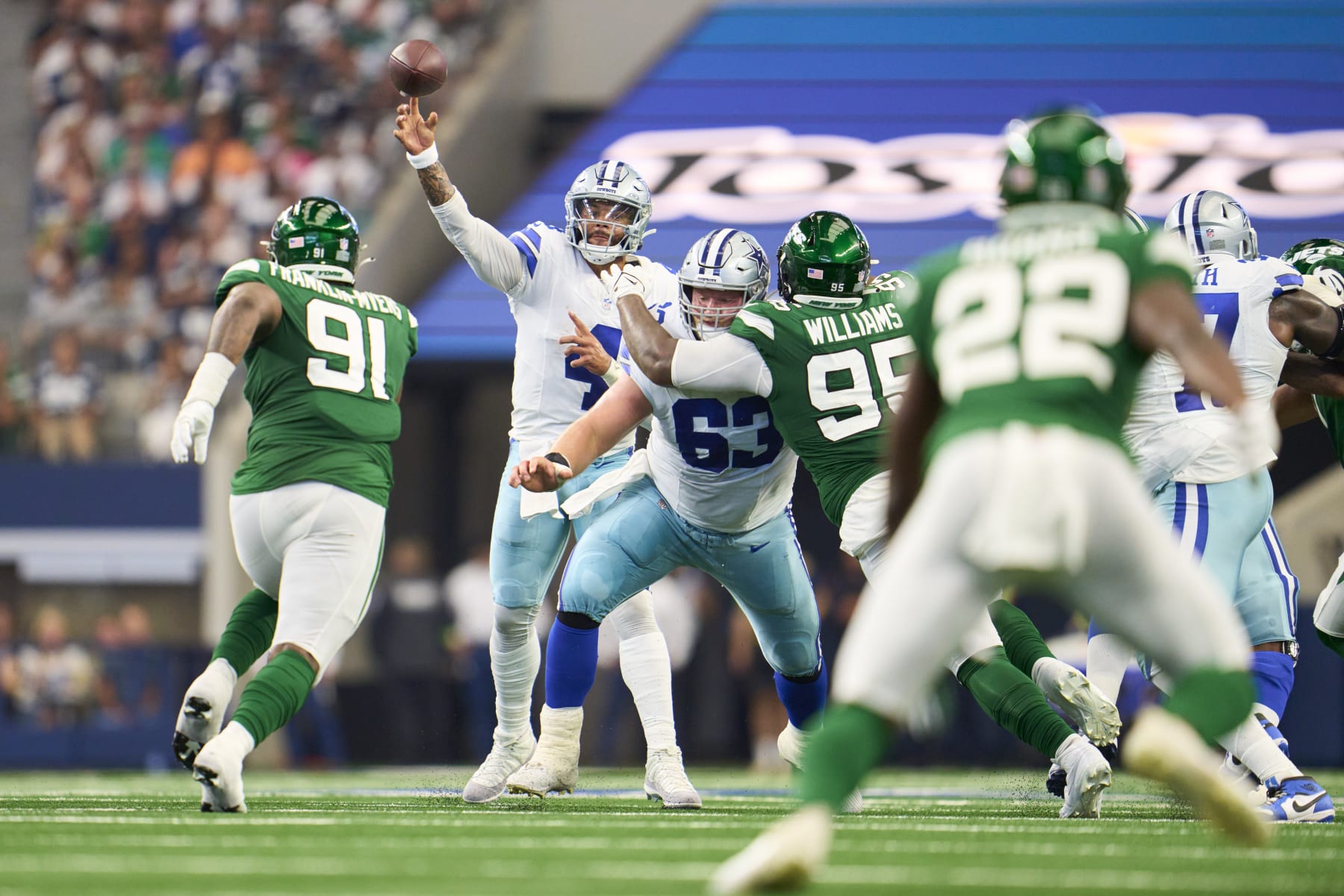 ARLINGTON, TX - SEPTEMBER 17: Dak Prescott #4 of the Dallas Cowboys drops back to pass against the New York Jets during the game at AT&T Stadium on September 17, 2023 in Arlington, Texas. (Photo by Cooper Neill/Getty Images)