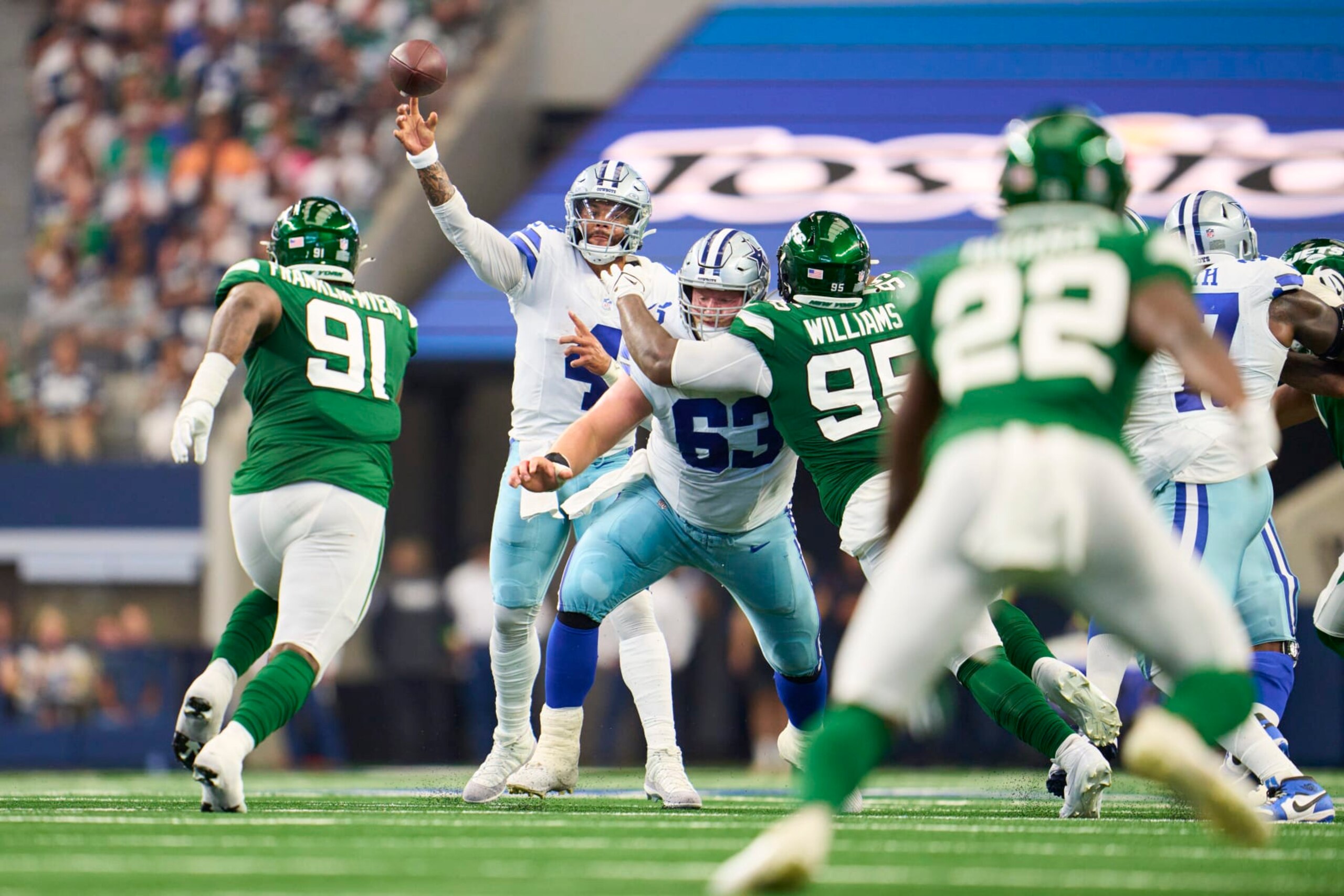 ARLINGTON, TX - SEPTEMBER 17: Dak Prescott #4 of the Dallas Cowboys drops back to pass against the New York Jets during the game at AT&T Stadium on September 17, 2023 in Arlington, Texas. (Photo by Cooper Neill/Getty Images)