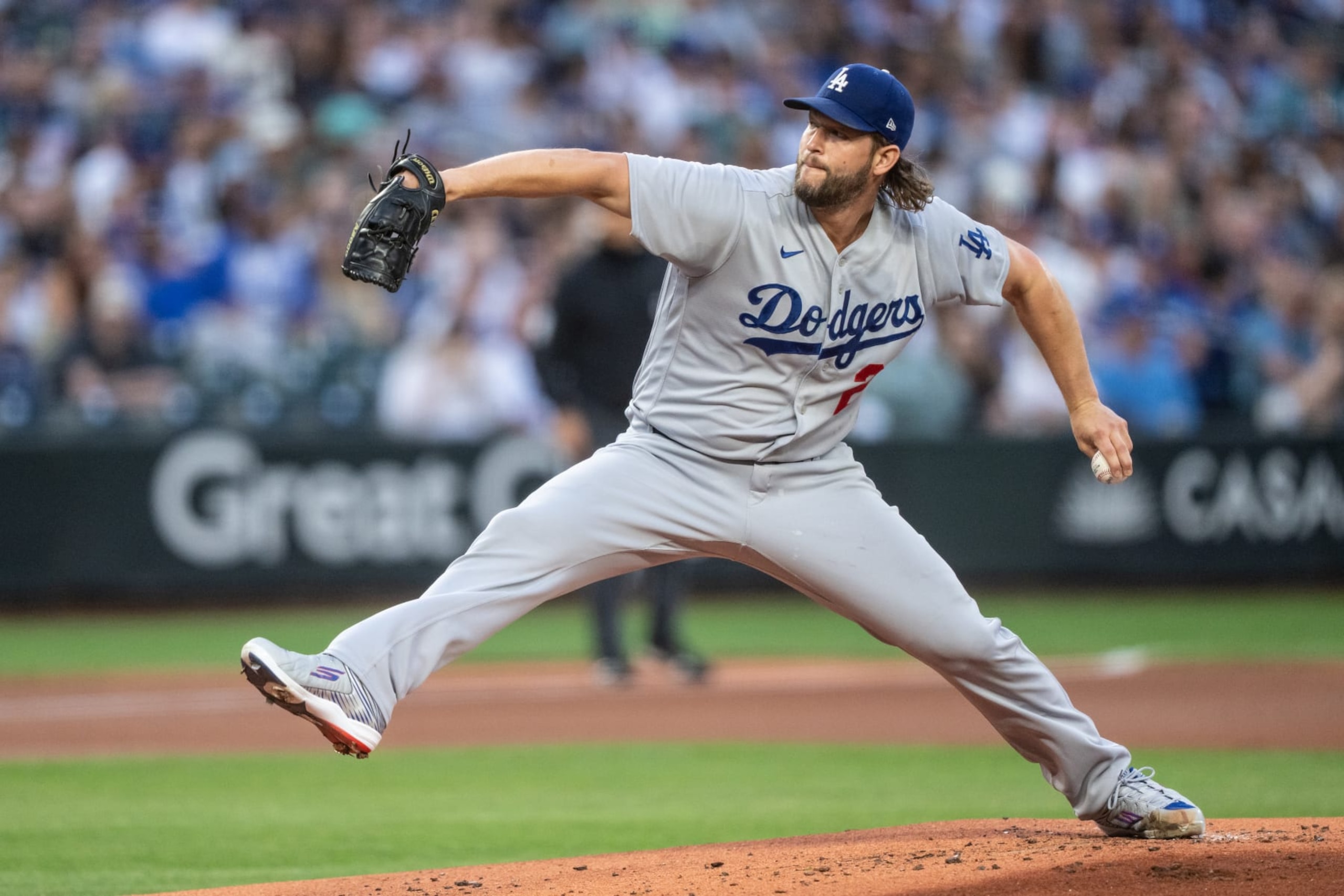 SEATTLE, WA - SEPTEMBER 16: Starting pitcher Clayton Kershaw #21 of the Los Angeles Dodgers delivers a pitch during the first inning of a game against the Seattle Mariners at T-Mobile Park on September 16, 2023 in Seattle, Washington. (Photo by Stephen Brashear/Getty Images) SEATTLE, WA - SEPTEMBER 16: Starting pitcher Clayton Kershaw #21 of the Los Angeles Dodgers delivers a pitch during the first inning of a game against the Seattle Mariners at T-Mobile Park on September 16, 2023 in Seattle, Washington. (Photo by Stephen Brashear/Getty Images)