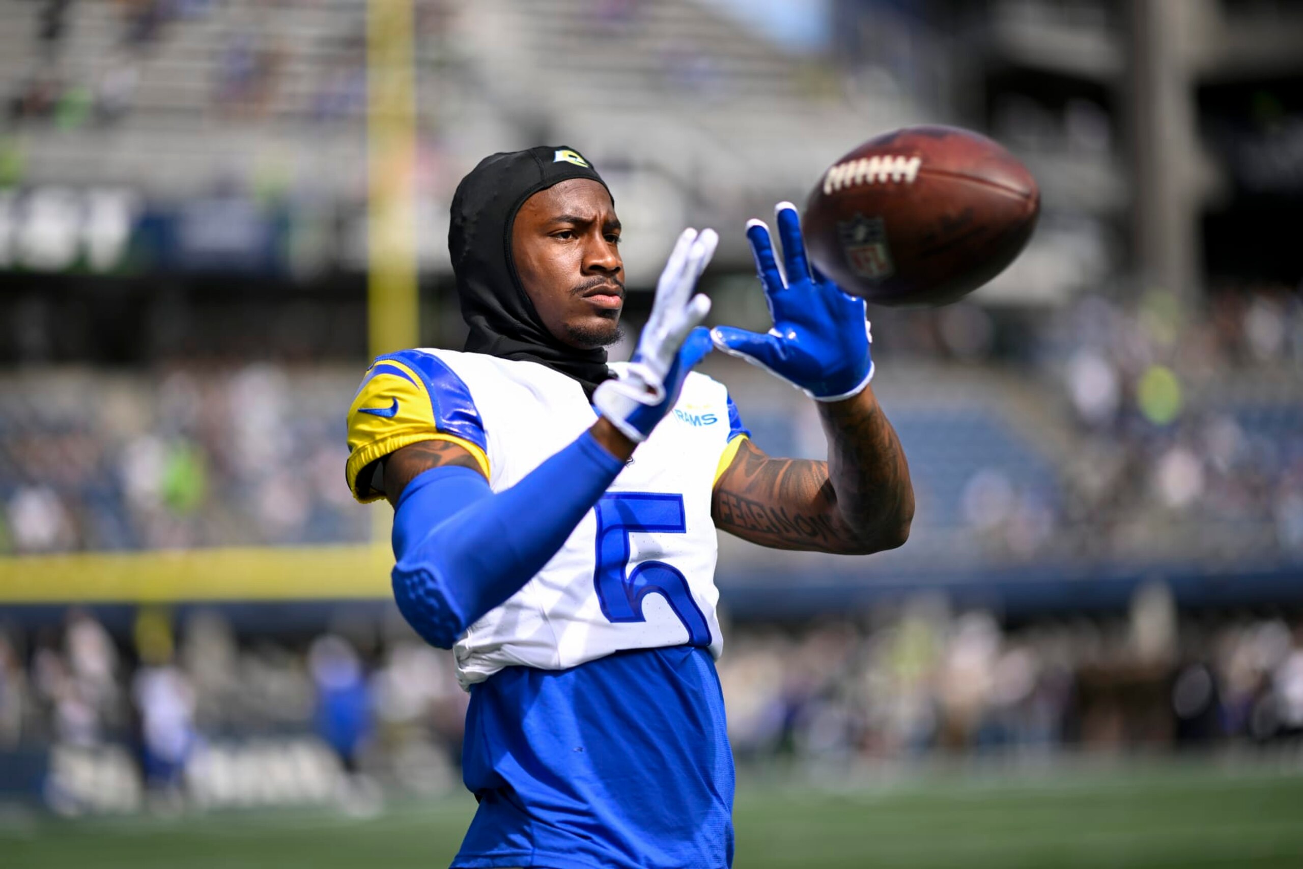 SEATTLE, WASHINGTON - SEPTEMBER 10: Tutu Atwell #5 of the Los Angeles Rams warms up before the game \H at Lumen Field on September 10, 2023 in Seattle, Washington. The Los Angeles Rams won 30-13. (Photo by Alika Jenner/Getty Images)