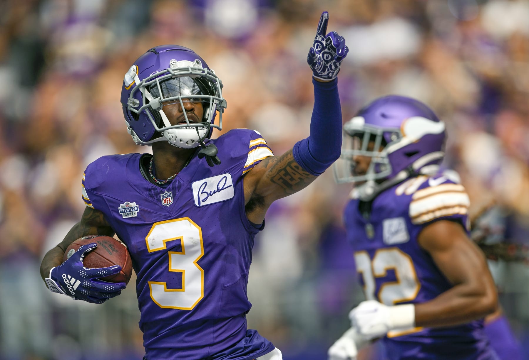 MINNEAPOLIS, MN - SEPTEMBER 10: Minnesota Vikings wide receiver Jordan Addison (3) celebrates his 39-yard  touchdown reception during the second quarter of an NFL game between the Minnesota Vikings and Tampa Bay Buccaneers  on September 10, 2023, at U.S. Bank Stadium in Minneapolis, MN. (Photo by Nick Wosika/Icon Sportswire via Getty Images)