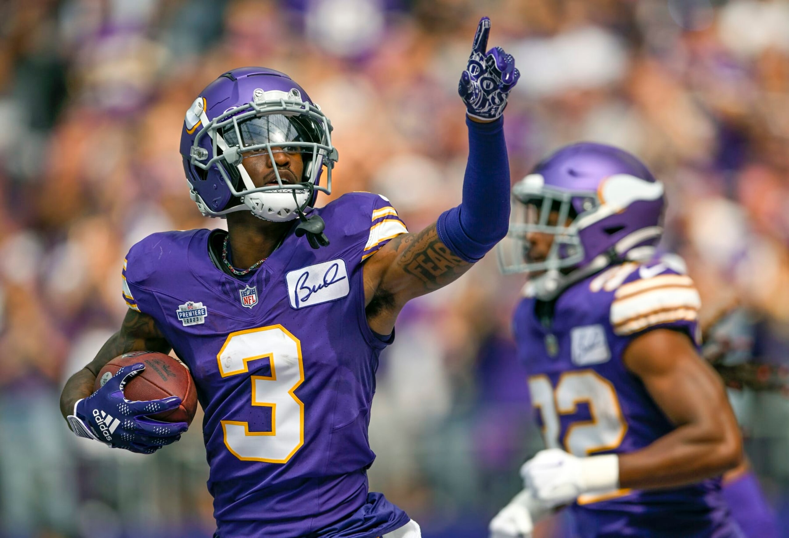 MINNEAPOLIS, MN - SEPTEMBER 10: Minnesota Vikings wide receiver Jordan Addison (3) celebrates his 39-yard  touchdown reception during the second quarter of an NFL game between the Minnesota Vikings and Tampa Bay Buccaneers  on September 10, 2023, at U.S. Bank Stadium in Minneapolis, MN. (Photo by Nick Wosika/Icon Sportswire via Getty Images)