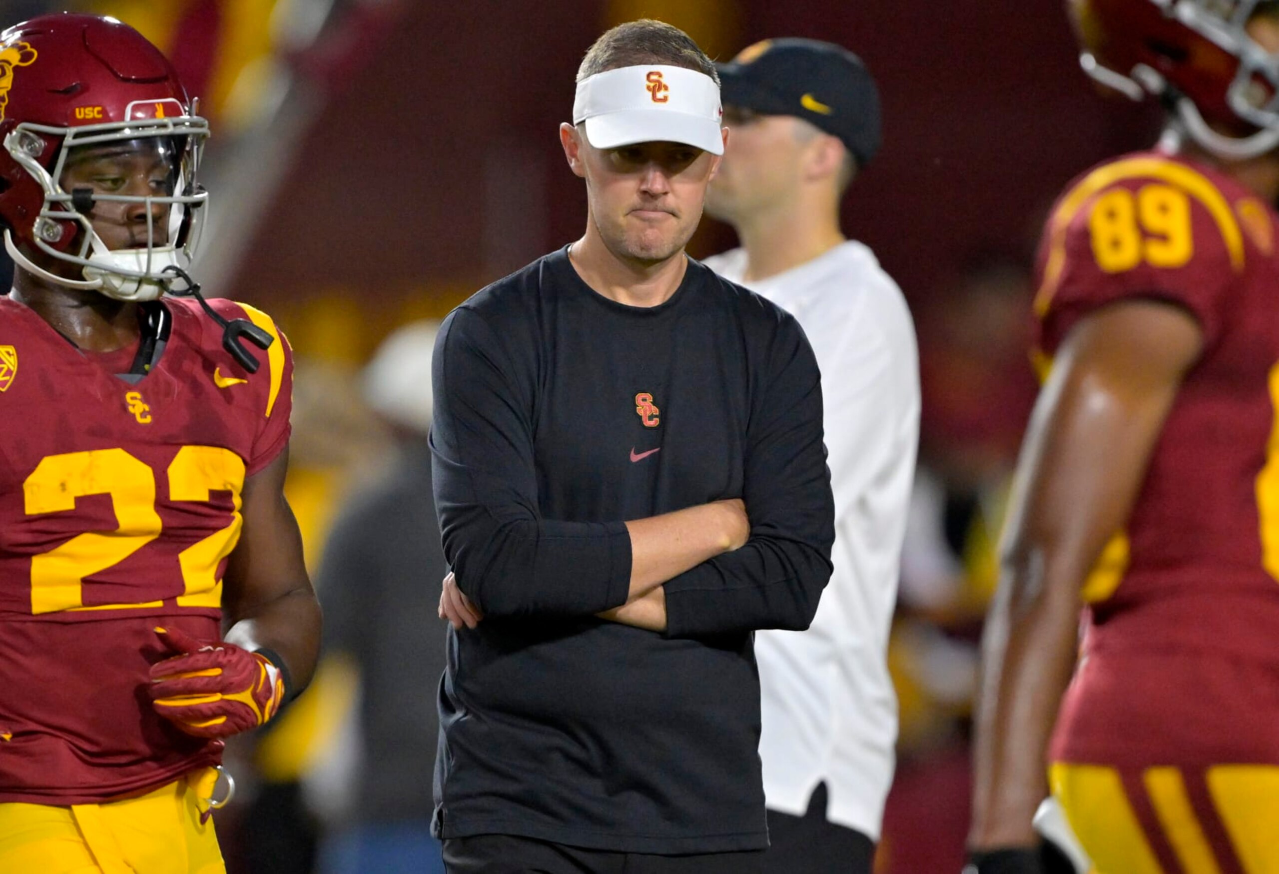 LOS ANGELES, CALIFORNIA - SEPTEMBER 9: Head coach Lincoln Riley of the USC Trojans looks on during the game against the Stanford Cardinal at United Airlines Field at the Los Angeles Memorial Coliseum on September 9, 2023 in Los Angeles, California. (Photo by Jayne Kamin-Oncea/Getty Images) LOS ANGELES, CALIFORNIA - SEPTEMBER 9: Head coach Lincoln Riley of the USC Trojans looks on during the game against the Stanford Cardinal at United Airlines Field at the Los Angeles Memorial Coliseum on September 9, 2023 in Los Angeles, California. (Photo by Jayne Kamin-Oncea/Getty Images)