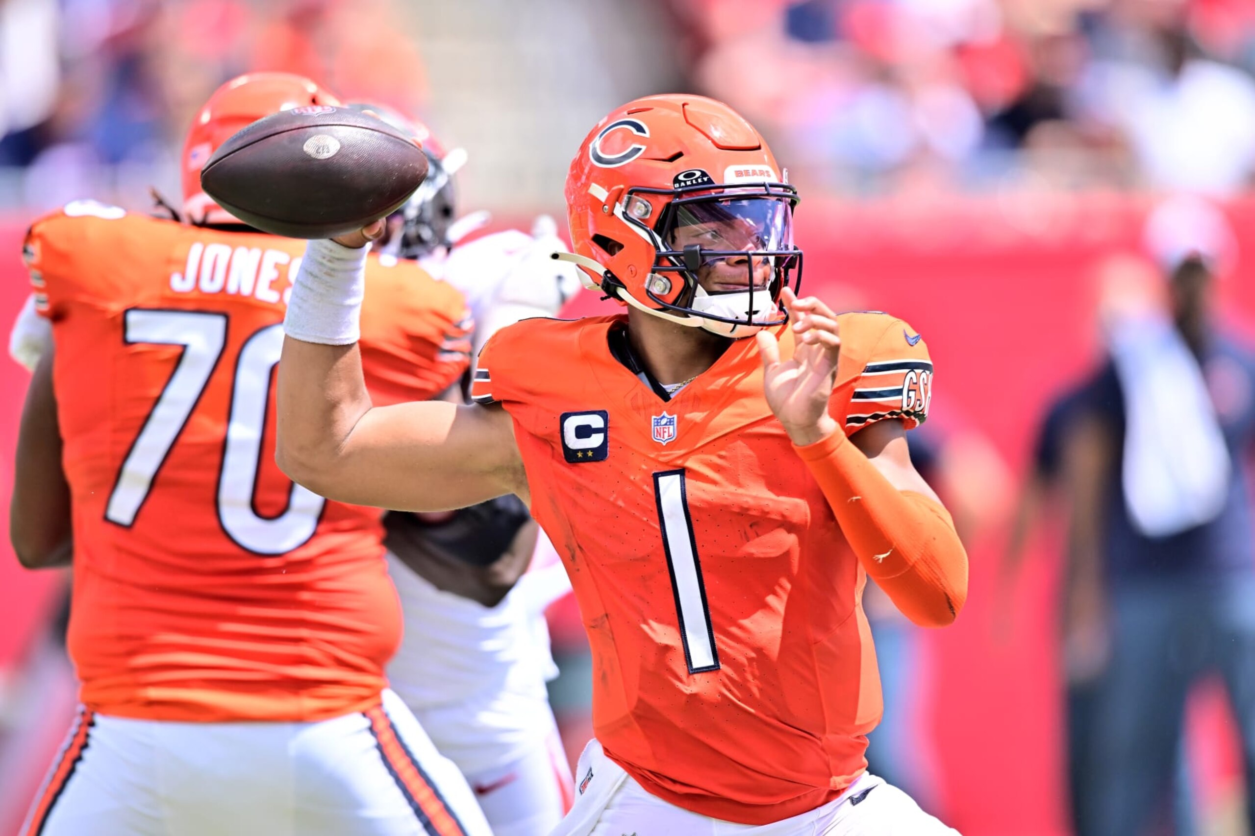 TAMPA, FLORIDA - SEPTEMBER 17: Justin Fields #1 of the Chicago Bears attempts a pass during the second quarter against the Tampa Bay Buccaneers at Raymond James Stadium on September 17, 2023 in Tampa, Florida. (Photo by Julio Aguilar/Getty Images)