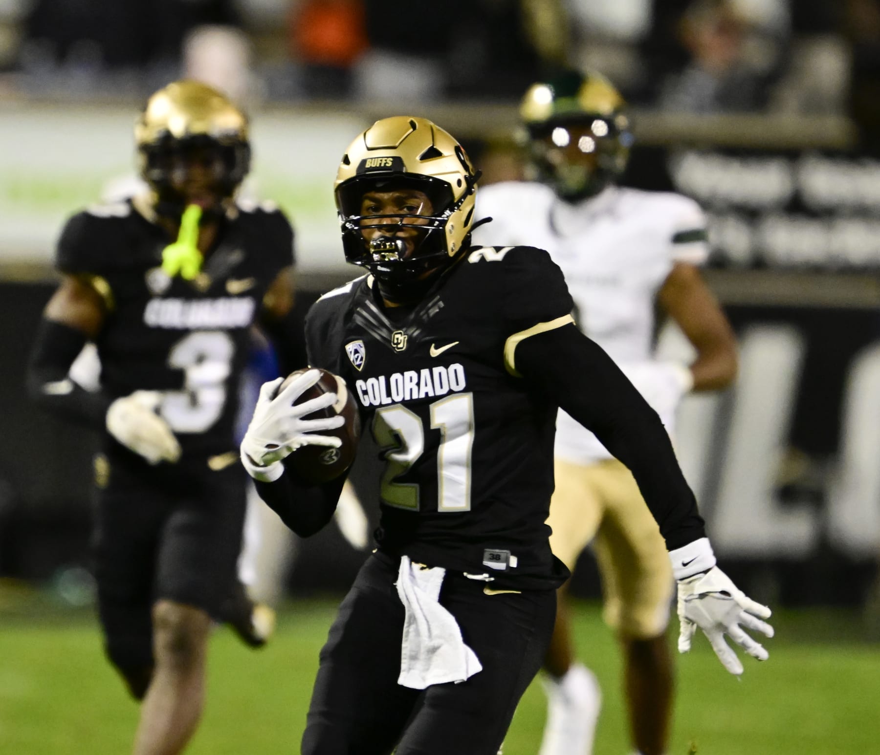 BOULDER, CO - SEPTEMBER 16: Colorado Buffaloes safety Shilo Sanders (21) heads to the end zone on a pick six against the CSU Rams in the first quarter during the Rocky Mountain Showdown at Folsom Field September 16, 2023. (Photo by Andy Cross/MediaNews Group/The Denver Post via Getty Images)