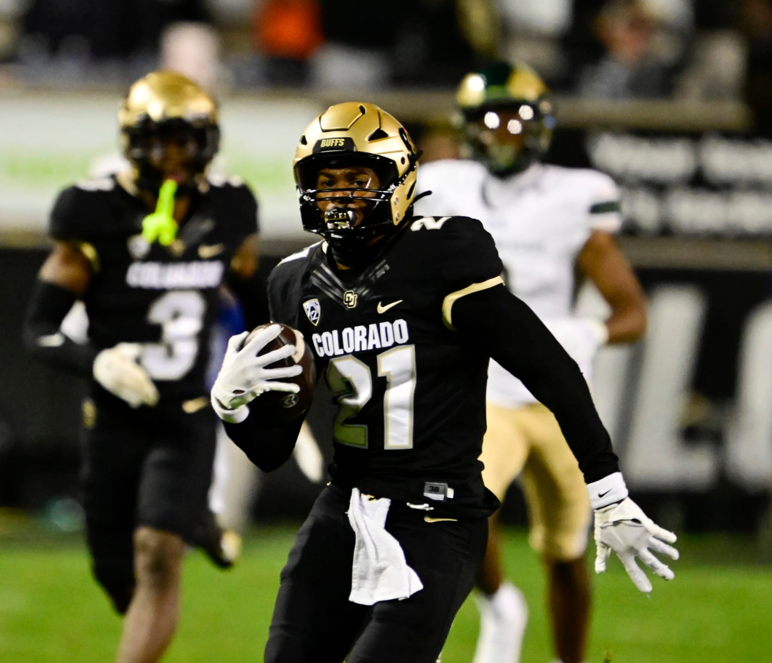 BOULDER, CO - SEPTEMBER 16: Colorado Buffaloes safety Shilo Sanders (21) heads to the end zone on a pick six against the CSU Rams in the first quarter during the Rocky Mountain Showdown at Folsom Field September 16, 2023. (Photo by Andy Cross/MediaNews Group/The Denver Post via Getty Images)